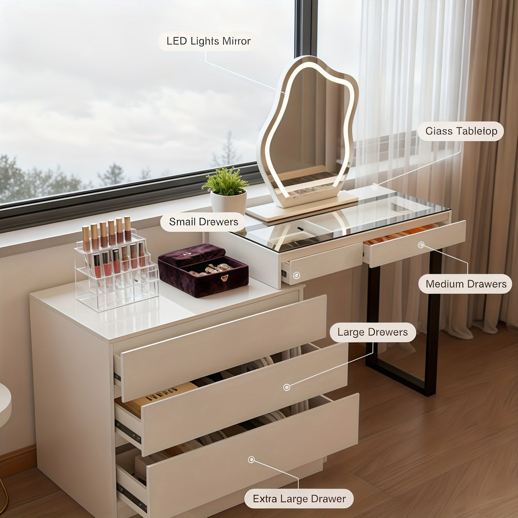 1pc Corner Vanity Table with Mirror And LED Lights - Farmhouse Style Makeup Dressing Table with Glass Top And 5 Drawers - Modern Vanity Desk with 3 Lighting Modes, White