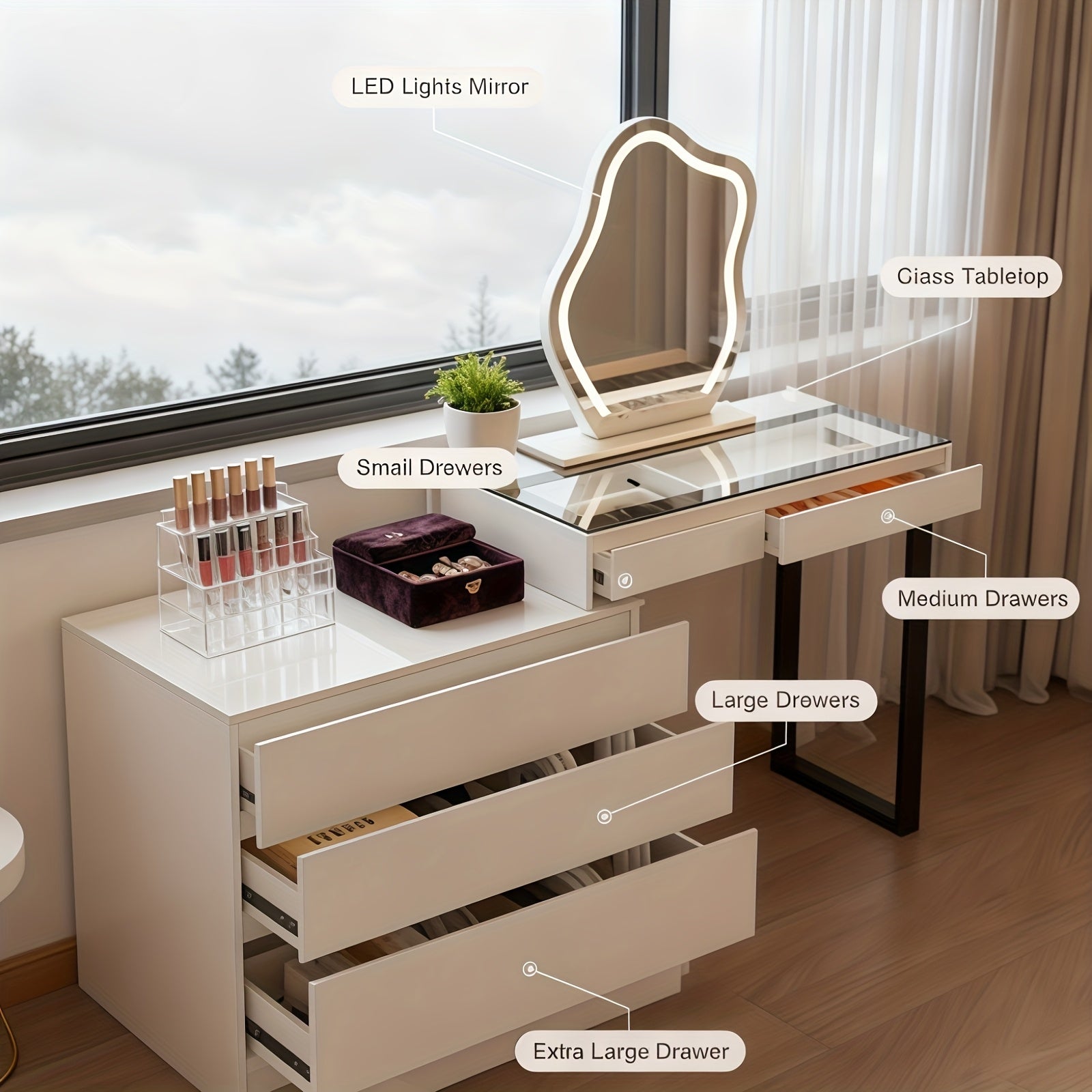 1pc Corner Vanity Table with Mirror And LED Lights - Farmhouse Style Makeup Dressing Table with Glass Top And 5 Drawers - Modern Vanity Desk with 3 Lighting Modes, White
