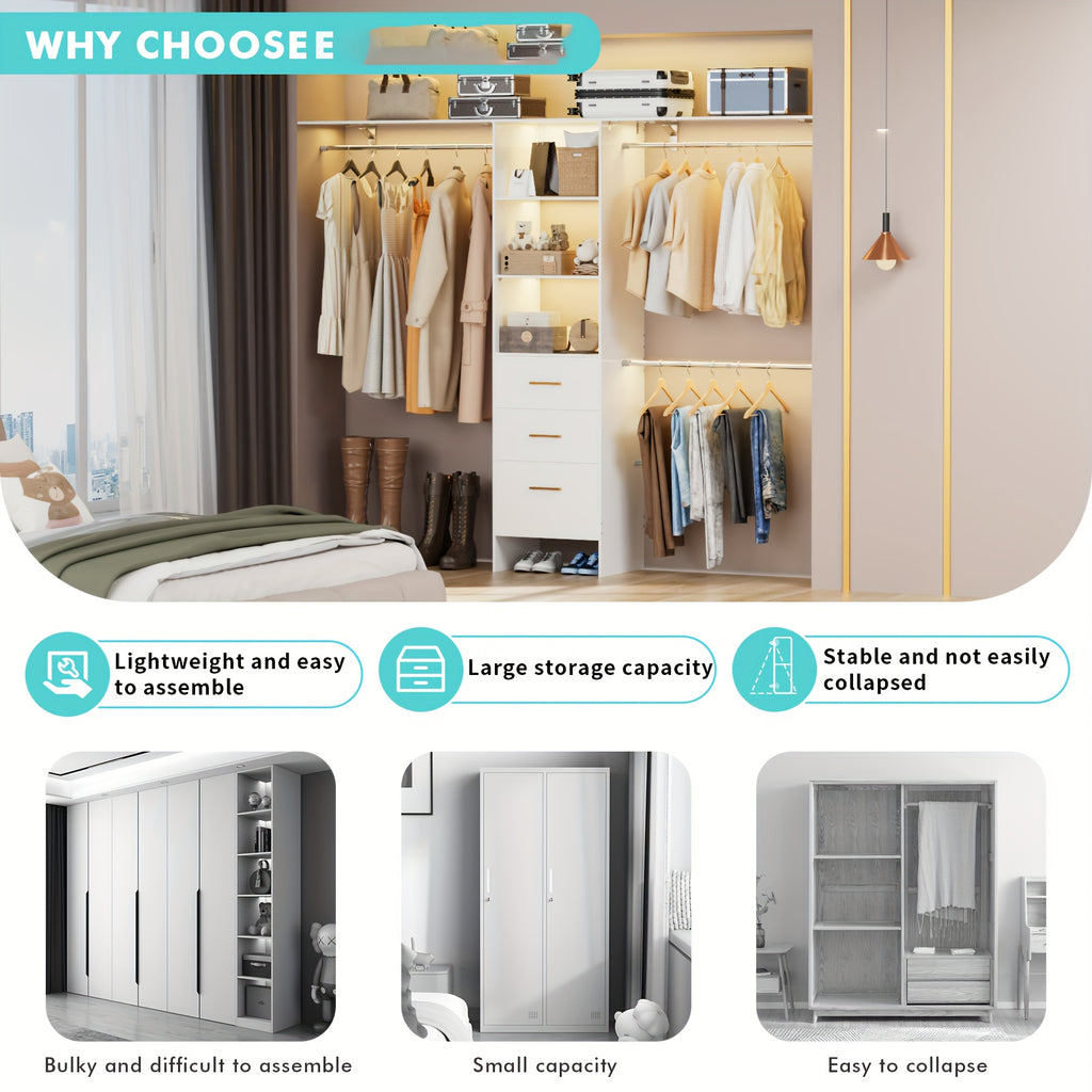 Closet System with Drawers, 8ft Walk In Closets Organizer with 3 Shelving Towers, 96\