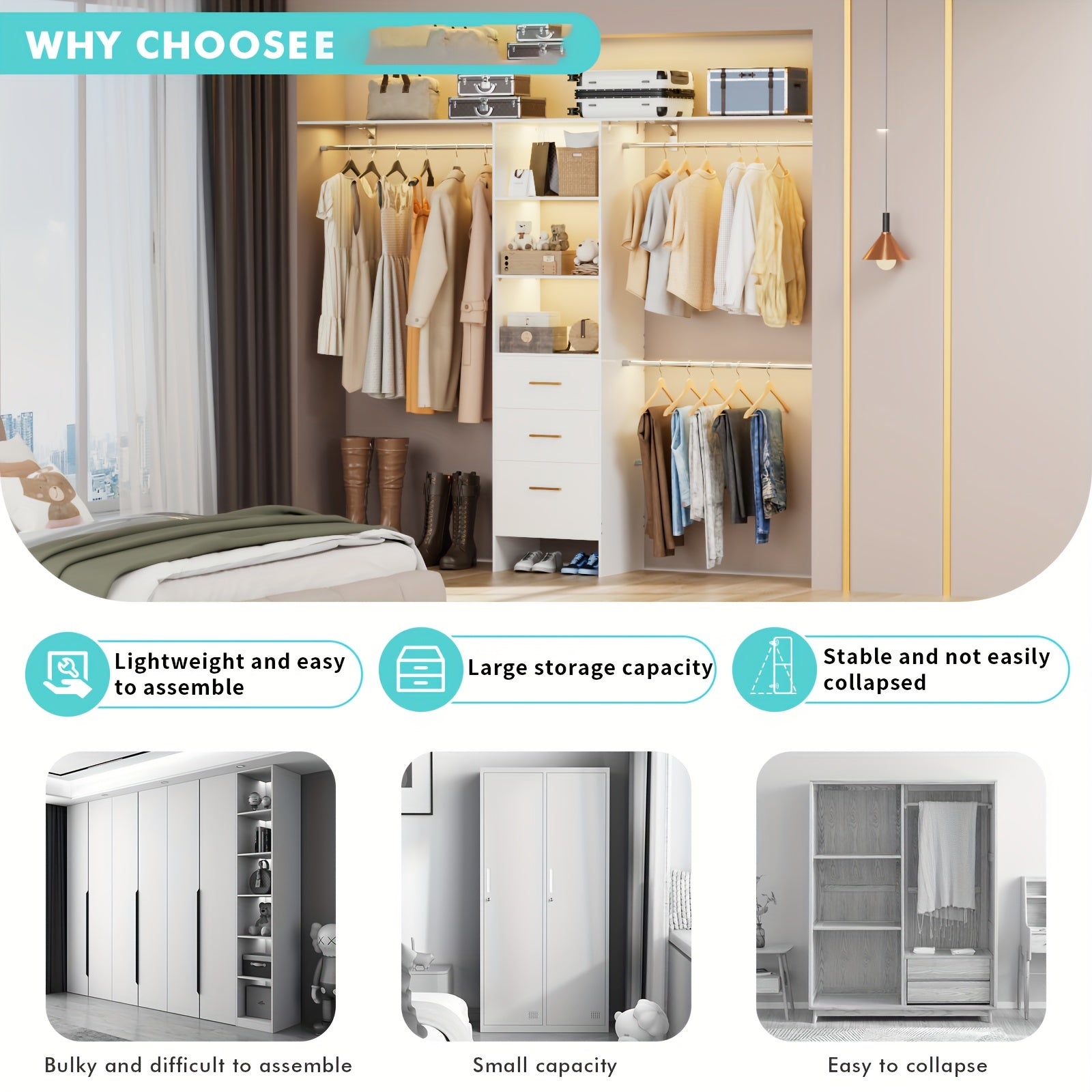 Closet System with Drawers, 8ft Walk In Closets Organizer with 3 Shelving Towers, 96\