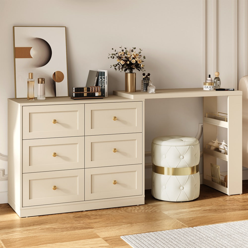 Royalcraft 6-Drawer Expandable Corner Vanity Table And Dresser Set with 3 Side Shelves, Makeup Vanity Desk, Wooden Dressing Table for Bedroom And Dressing Room