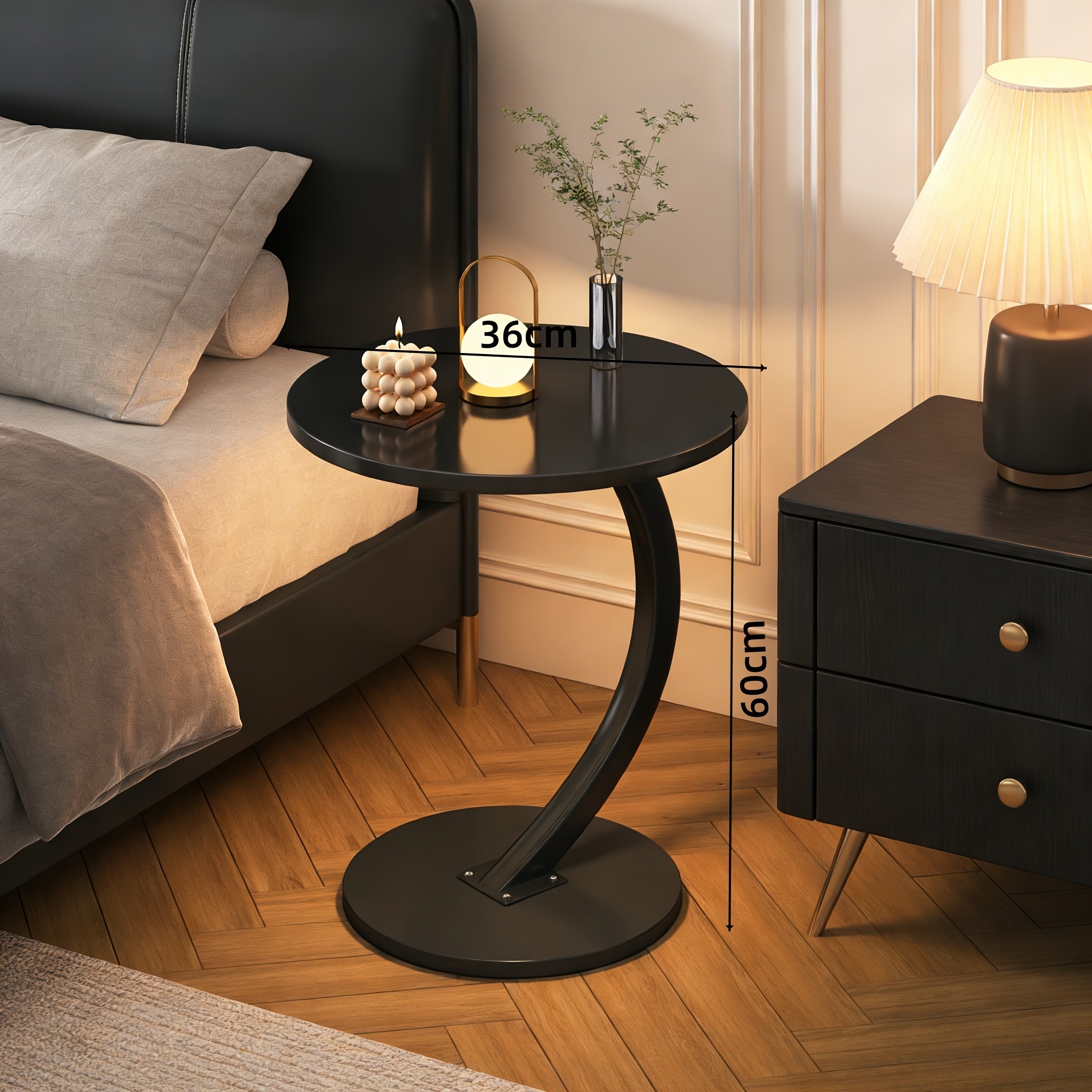 Contemporary Circular Bedside Table Featuring a Storage Shelf, with a White Marble Surface And a Black Metal Structure, Measuring 15.7 Inches in Diameter