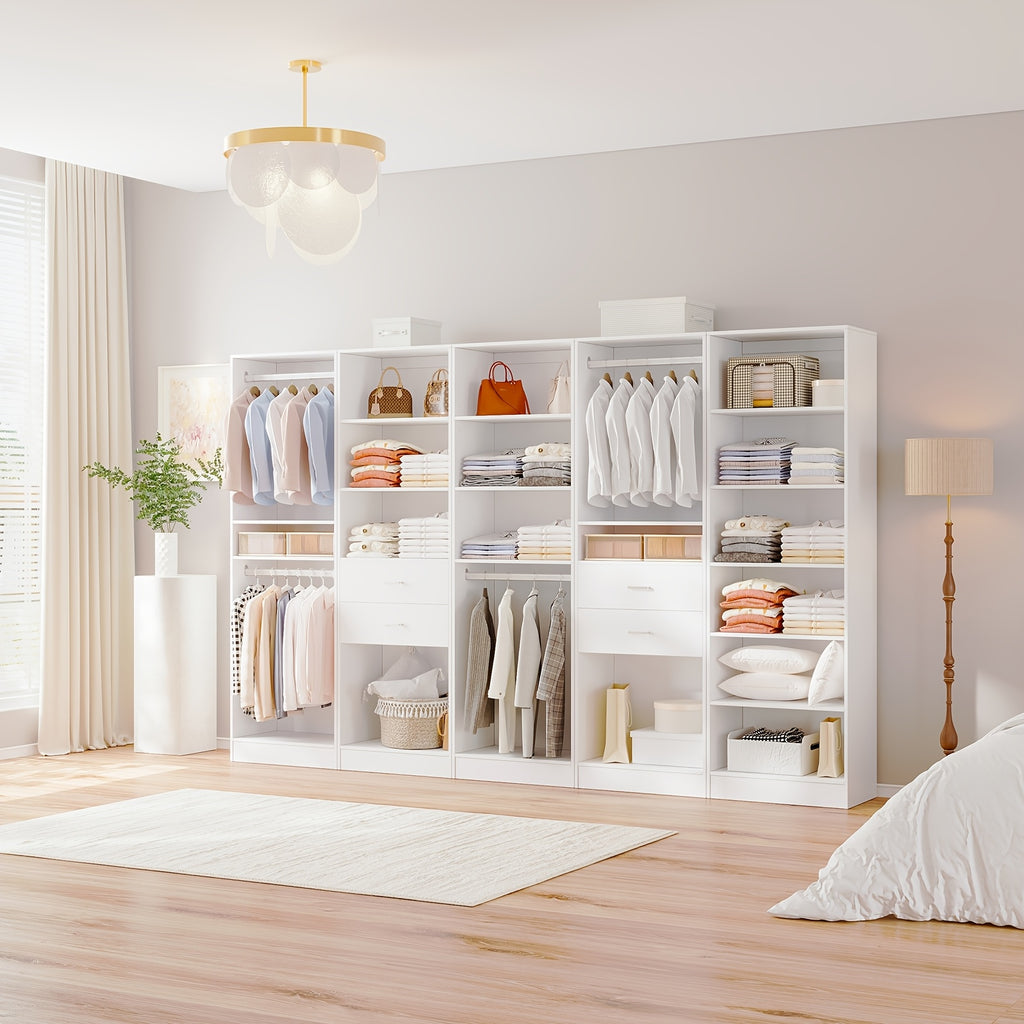 Modern Modular Closet System with Drawers, Hanging Rods & Shelves - MDF\u002FFiberboard Wardrobe Organizer Suitable for Entry, Bedroom, Living Room, Tall Storage Cabinet Unit with Hanging Space, Shelves & -Standing, Assembly