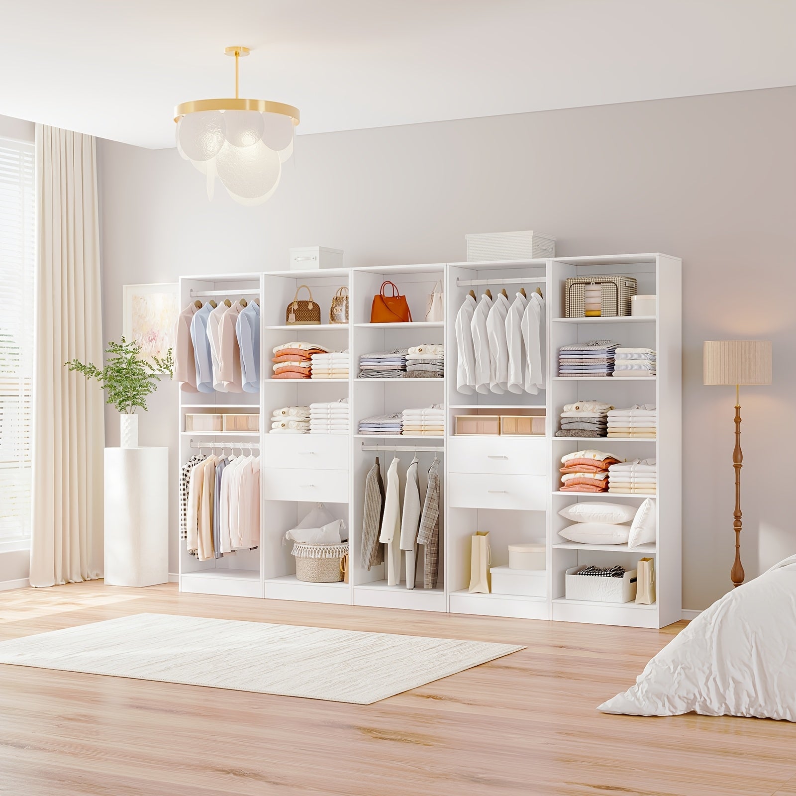 Modern Modular Closet System with Drawers, Hanging Rods & Shelves - MDF\u002FFiberboard Wardrobe Organizer Suitable for Entry, Bedroom, Living Room, Tall Storage Cabinet Unit with Hanging Space, Shelves & -Standing, Assembly