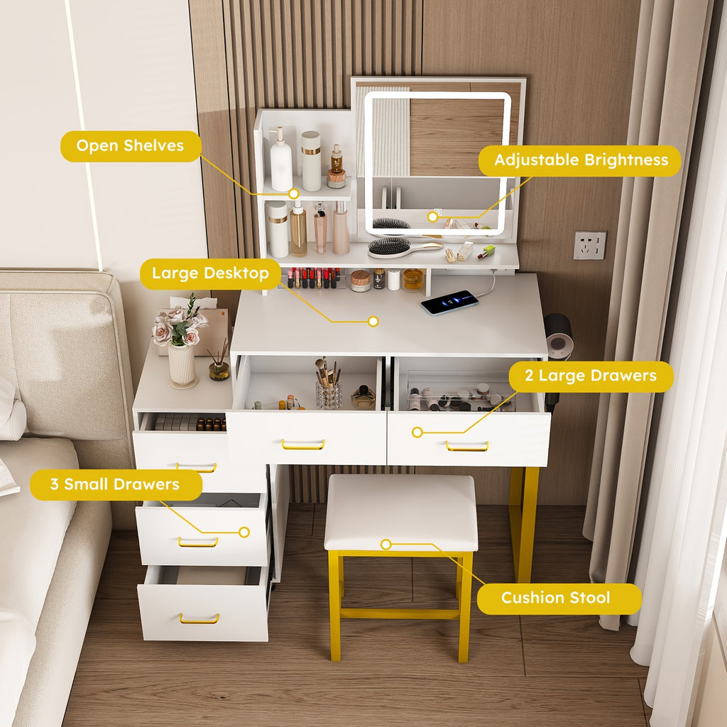 Montary Modern Dressing Table with Mirror And Light, Dressing Table with 5 Storage Drawers And Shelves, Dressing Table Set with Adjustable 3 Mode Lighting And Hairdryer Holder, White And Golden