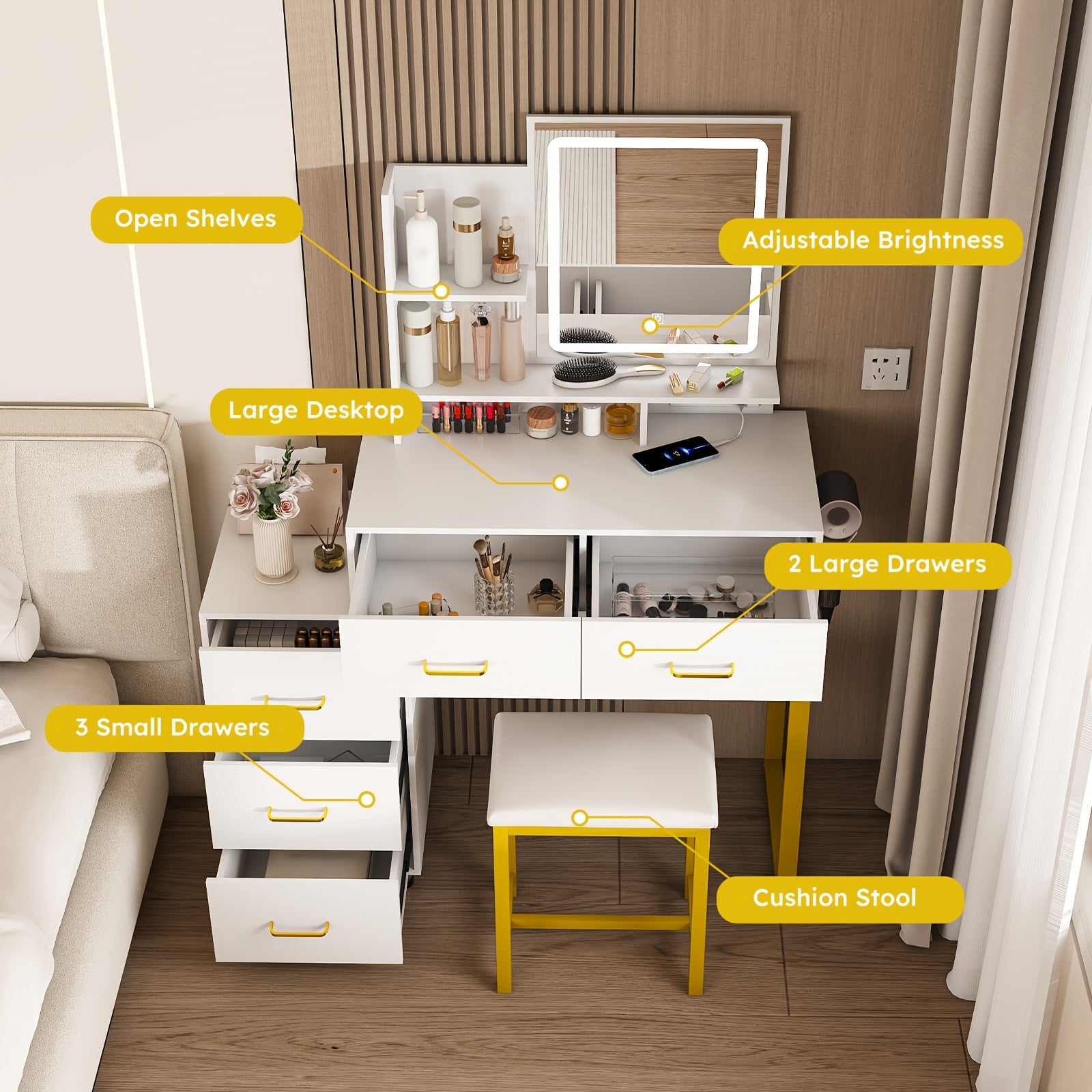 Montary Modern Dressing Table with Mirror And Light, Dressing Table with 5 Storage Drawers And Shelves, Dressing Table Set with Adjustable 3 Mode Lighting And Hairdryer Holder, White And Golden