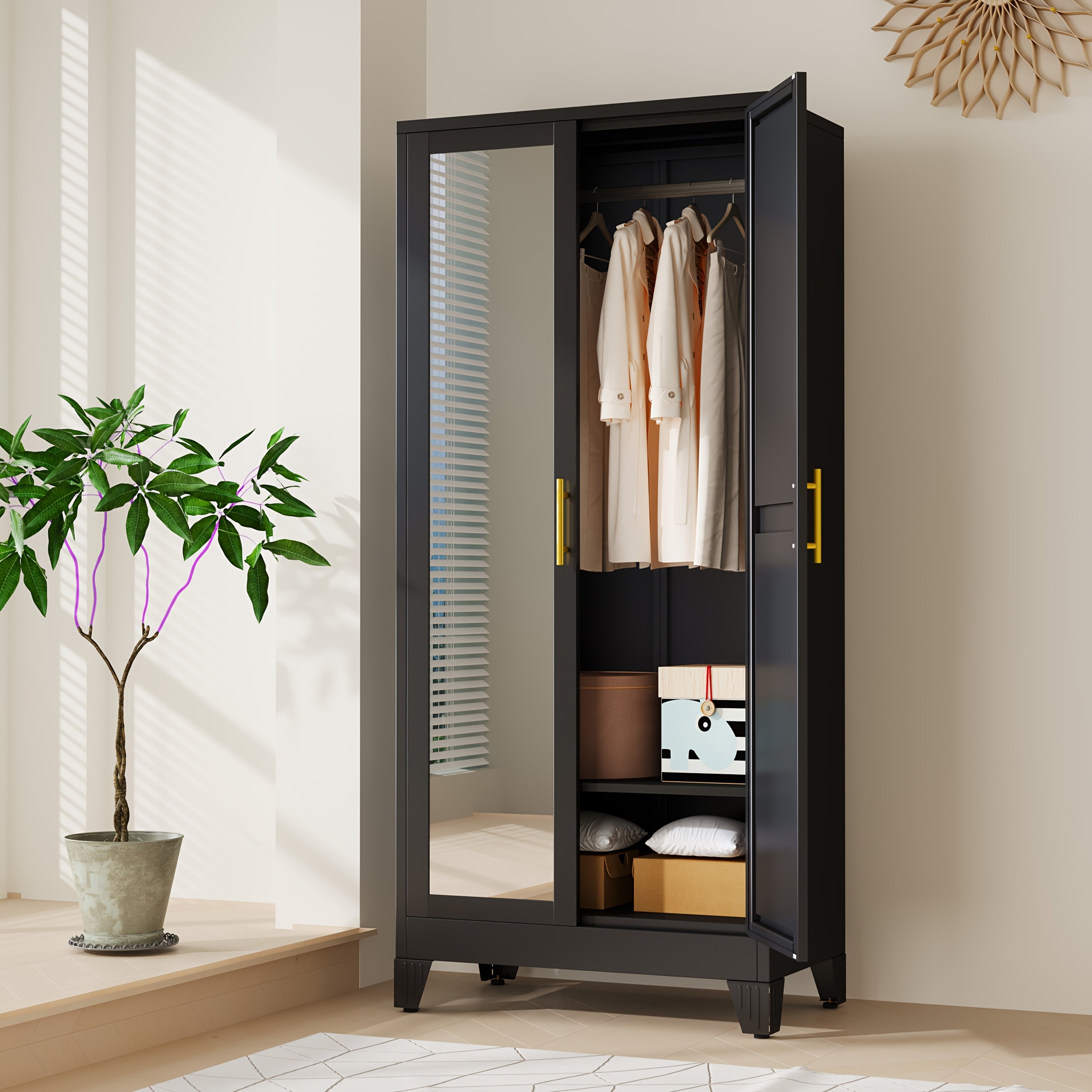 70.86-Inch Tall Mirror Wardrobe Featuring Adjustable Shelves And Storage Cabinets for Hanging Clothes, Ideal for Bedrooms, Laundry Areas, And Entryways.