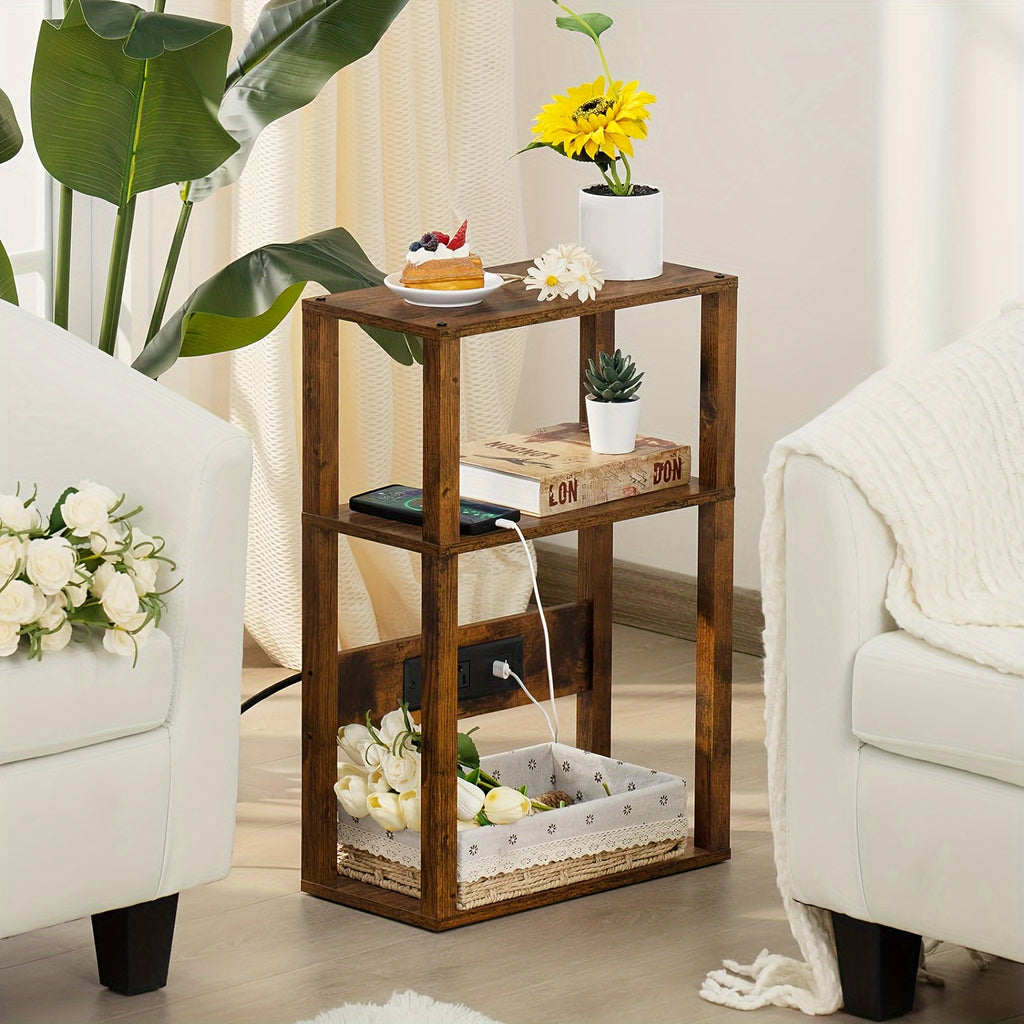 3-Tier Small Narrow Wood Side Table With Charging Station, Skinny Nightstand For Small Space, Slim Bedside Table With Storage For Couch, Thin End Table With USB Ports And Outlets, Rustic Brown