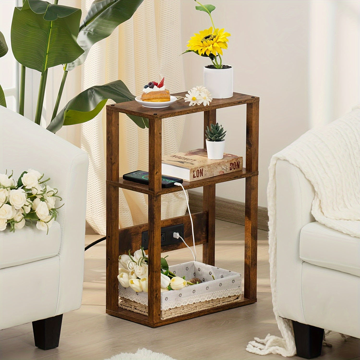 3-Tier Small Narrow Wood Side Table With Charging Station, Skinny Nightstand For Small Space, Slim Bedside Table With Storage For Couch, Thin End Table With USB Ports And Outlets, Rustic Brown