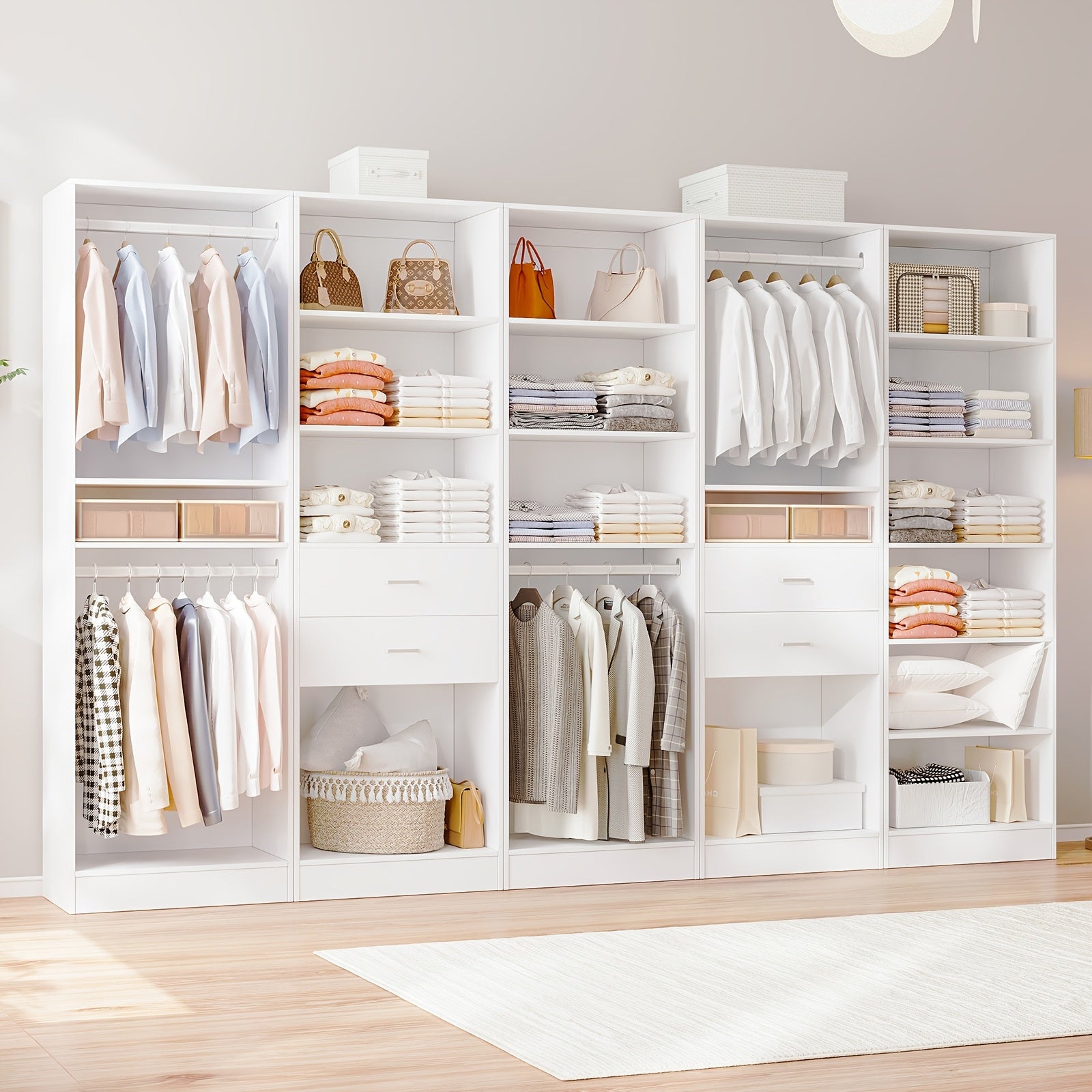 Modern Modular Closet System with Drawers, Hanging Rods & Shelves - MDF\u002FFiberboard Wardrobe Organizer Suitable for Entry, Bedroom, Living Room, Tall Storage Cabinet Unit with Hanging Space, Shelves & -Standing, Assembly