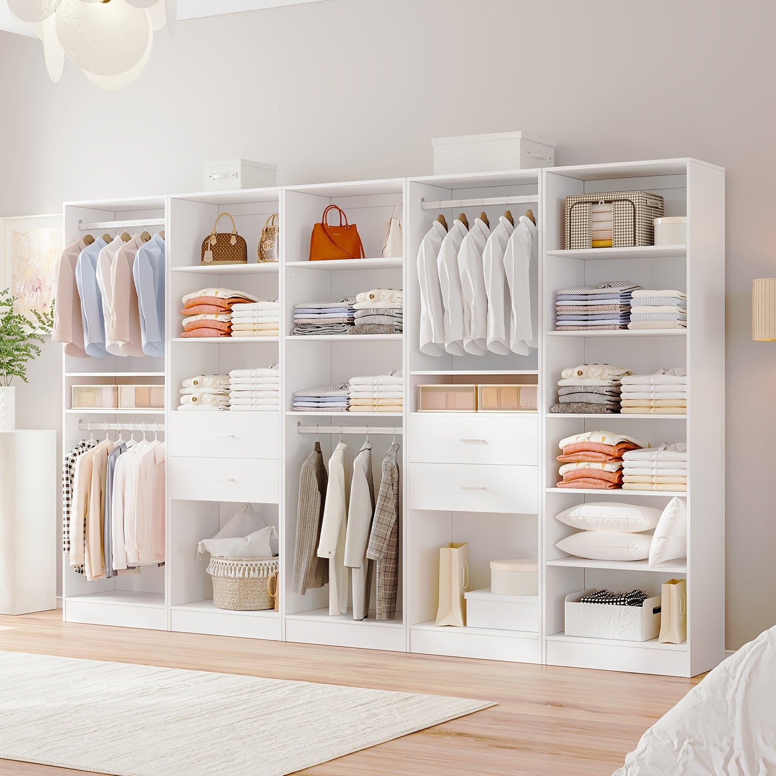 Modern Modular Closet System with Drawers, Hanging Rods & Shelves - MDF\u002FFiberboard Wardrobe Organizer Suitable for Entry, Bedroom, Living Room, Tall Storage Cabinet Unit with Hanging Space, Shelves & -Standing, Assembly