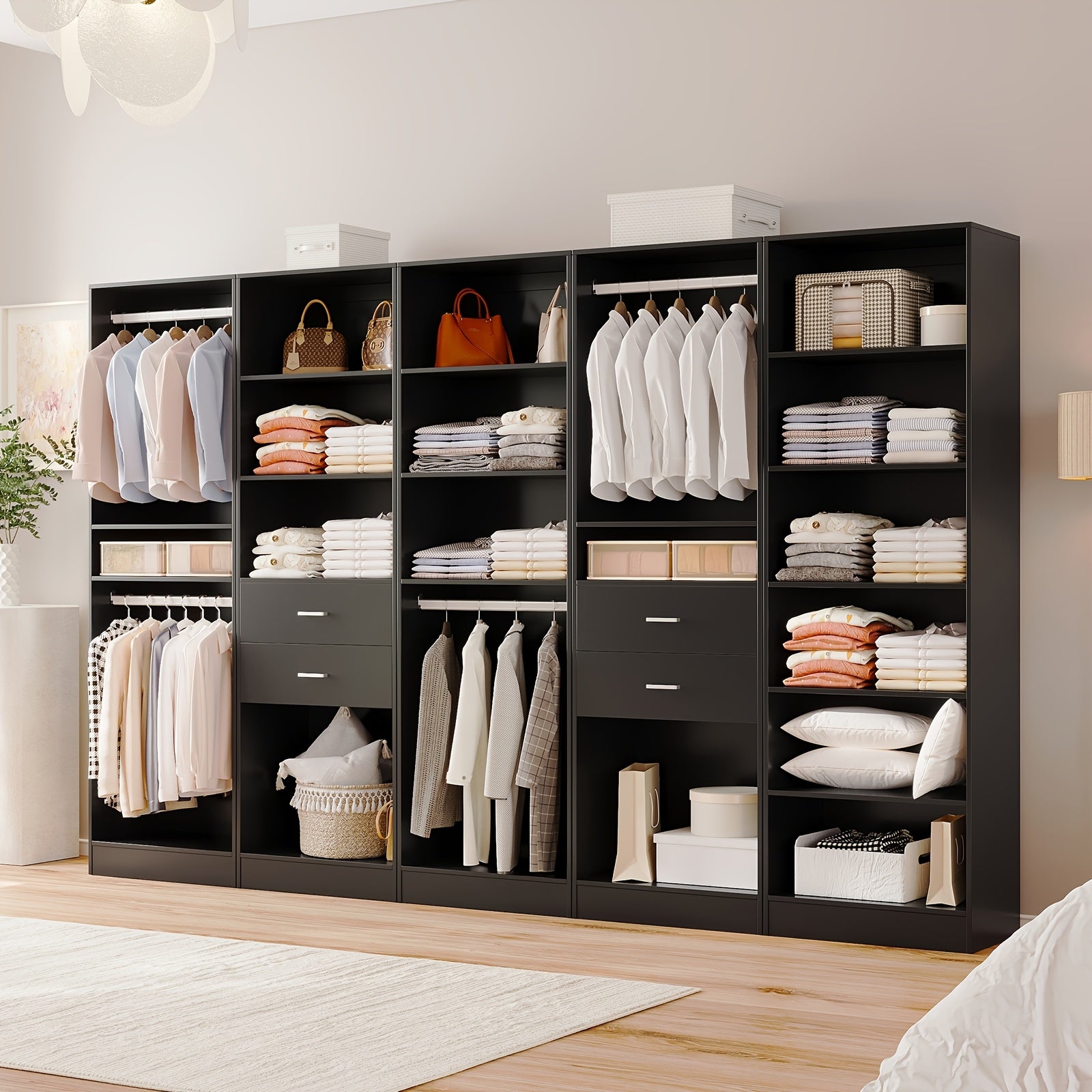Modern Modular Closet System with Drawers, Hanging Rods & Shelves - MDF\u002FFiberboard Wardrobe Organizer Suitable for Entry, Bedroom, Living Room, Tall Storage Cabinet Unit with Hanging Space, Shelves & -Standing, Assembly