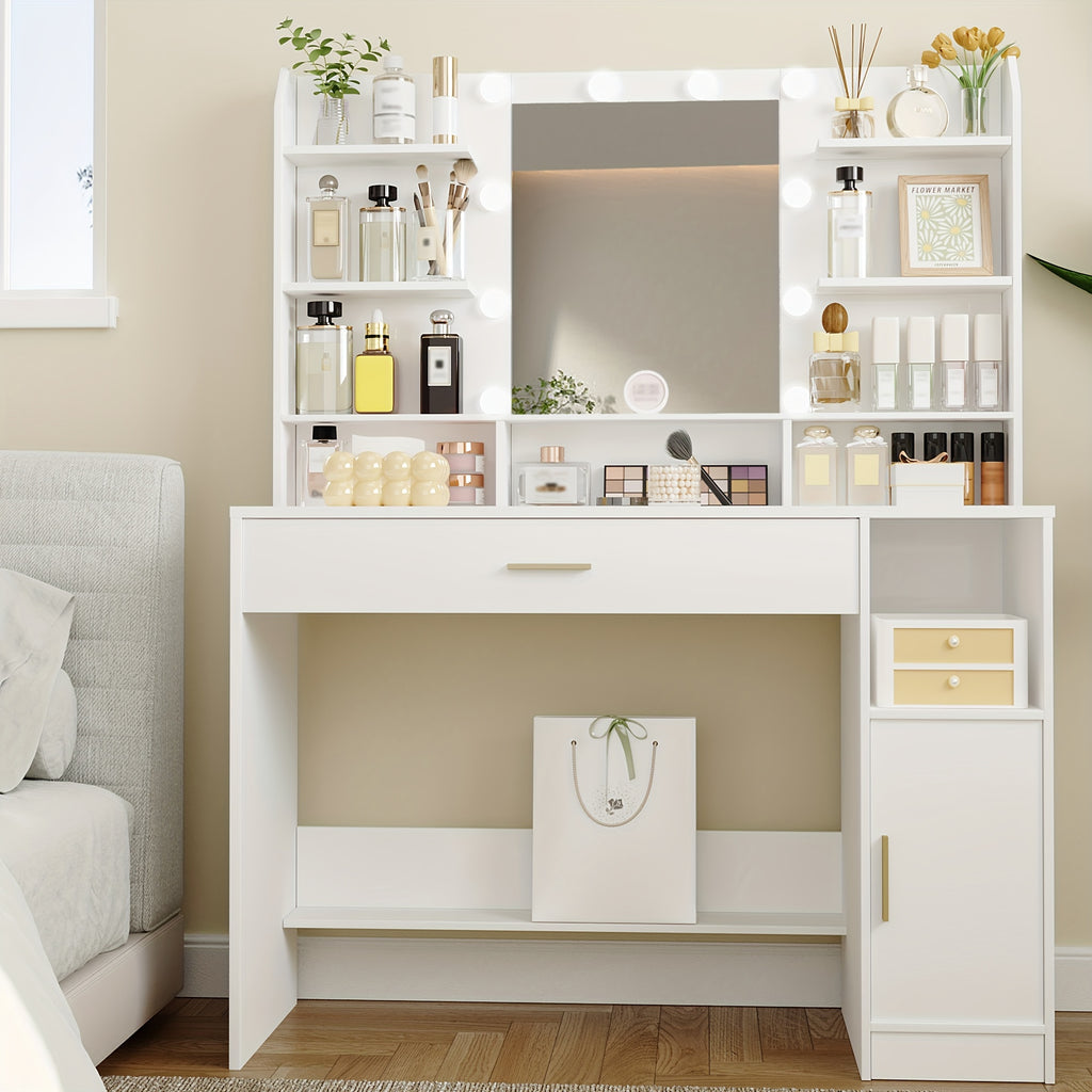 Vanity with Mirror and 10 LED Lights, 3-Level Adjustable Brightness, Dressing Table with Hidden & Open Shelves, Makeup Desk with Oversized Drawer Cabinet in White