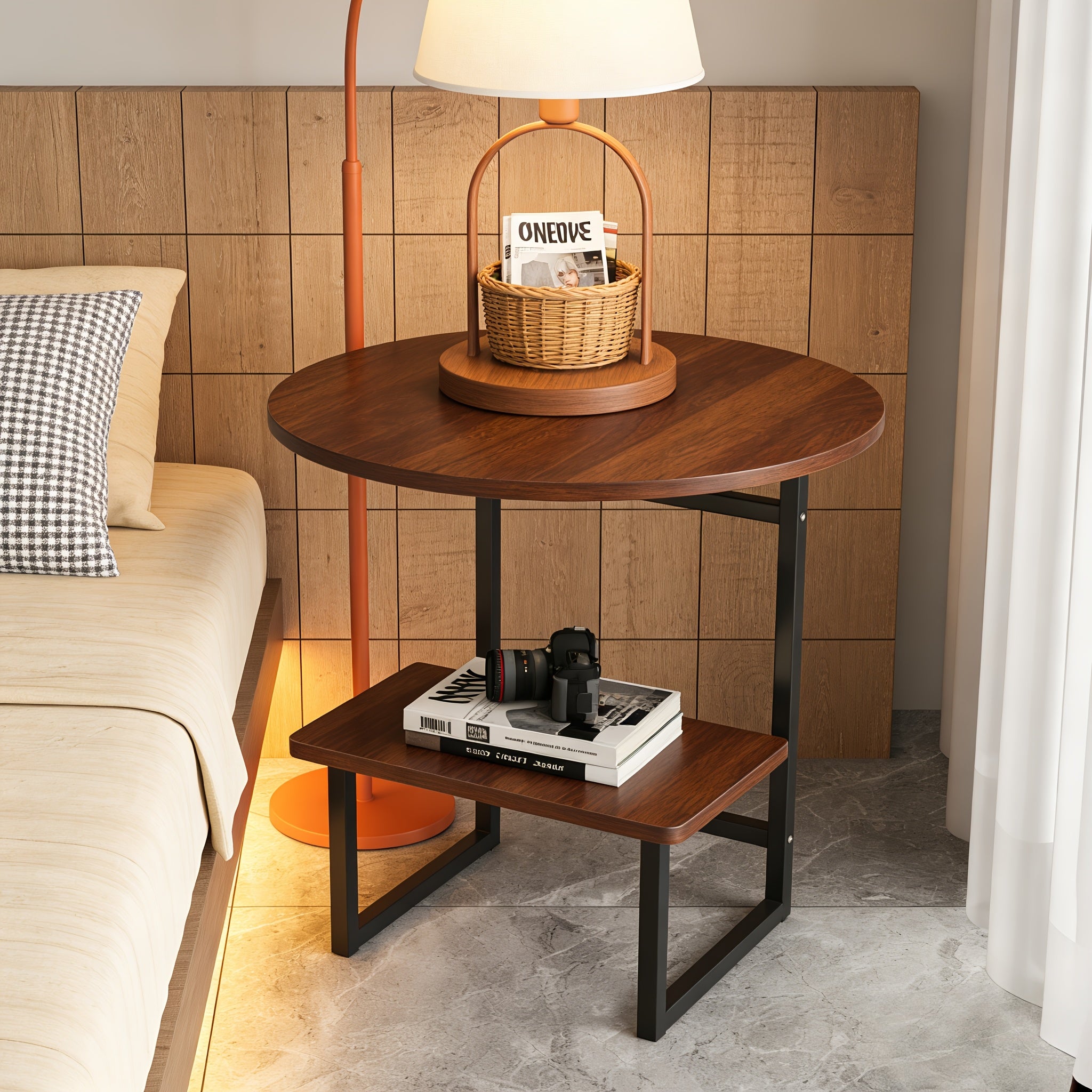 Contemporary Circular Bedside Table Featuring a Storage Shelf, with a White Marble Surface And a Black Metal Structure, Measuring 15.7 Inches in Diameter