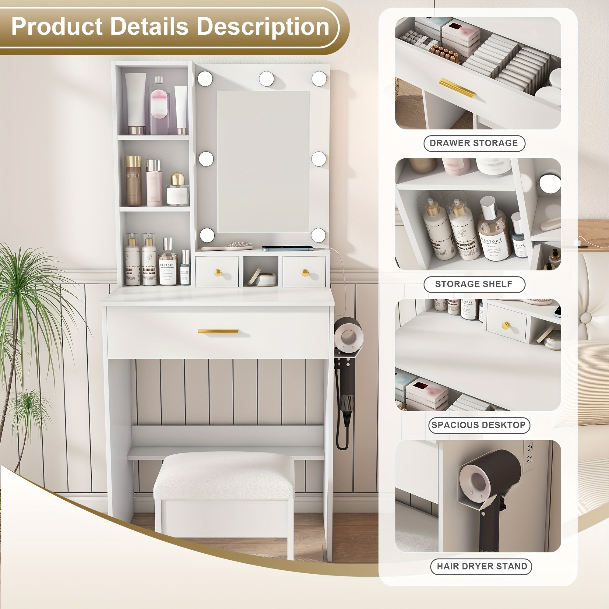 Vanity Table with Mirror & Adjustable LED Lights, Power Outlet, Hairdryer Holder & Stool -Compact Dressing Desk for Small Bedrooms(White\u002FBlack\u002FVintage), Black Vanity Desk with Mirror And Lights, Mini Vanity, Dressing Mirror with Storage