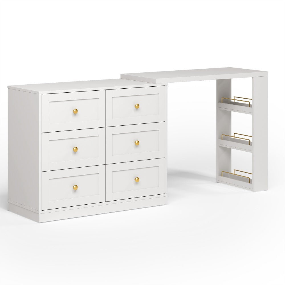 Royalcraft 6-Drawer Expandable Corner Vanity Table And Dresser Set with 3 Side Shelves, Makeup Vanity Desk, Wooden Dressing Table for Bedroom And Dressing Room