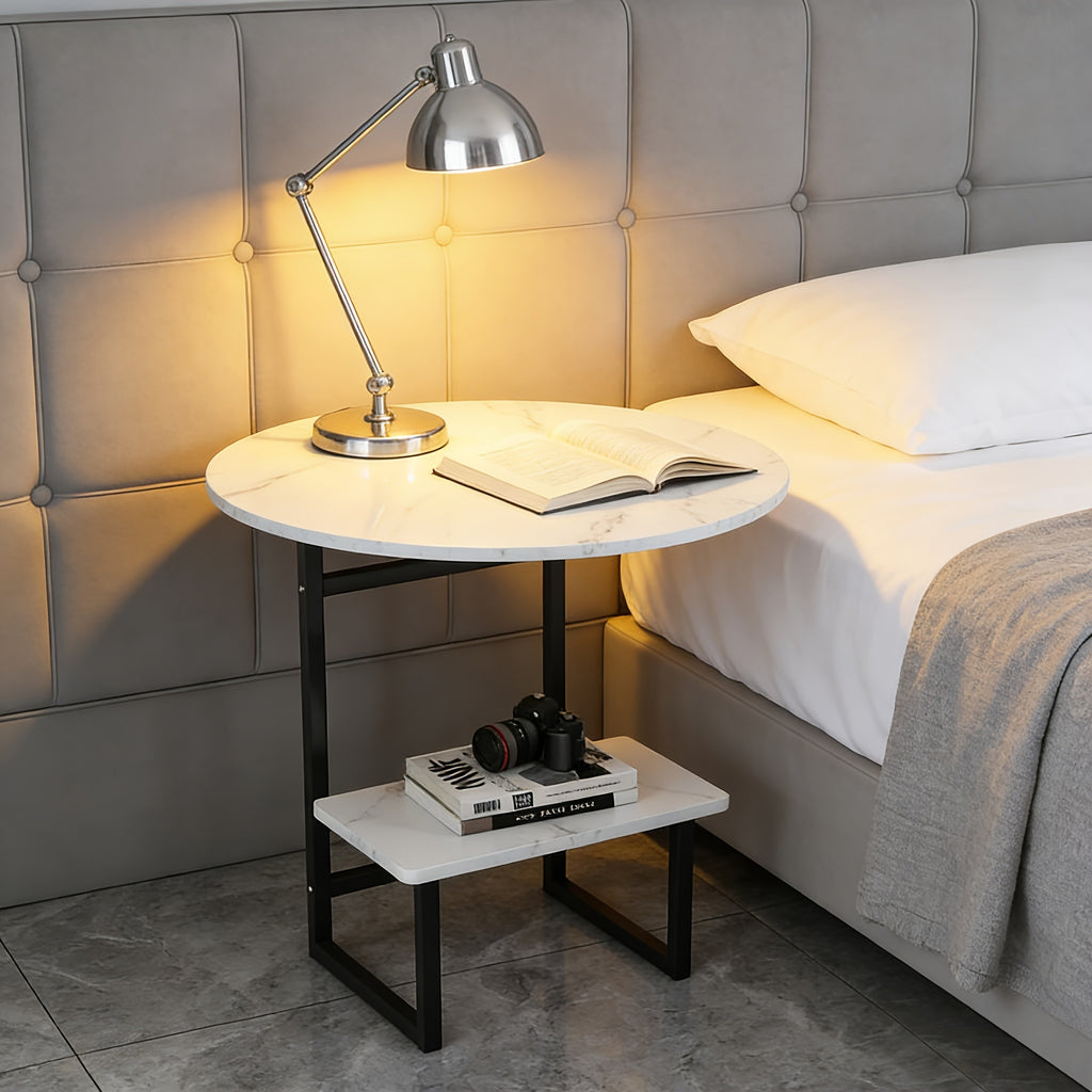 Contemporary Circular Bedside Table Featuring a Storage Shelf, with a White Marble Surface And a Black Metal Structure, Measuring 15.7 Inches in Diameter
