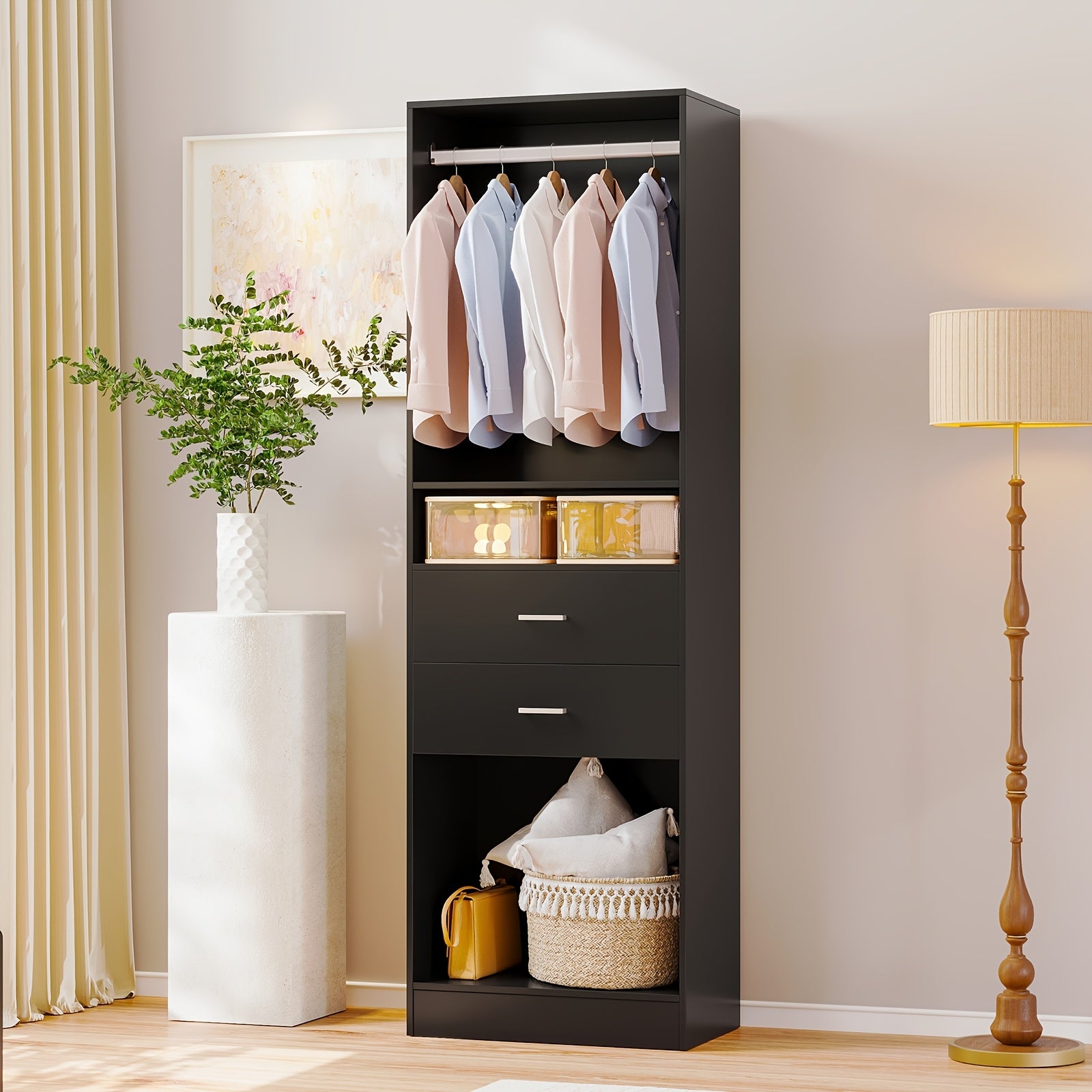 Modern Modular Closet System with Drawers, Hanging Rods & Shelves - MDF\u002FFiberboard Wardrobe Organizer Suitable for Entry, Bedroom, Living Room, Tall Storage Cabinet Unit with Hanging Space, Shelves & -Standing, Assembly