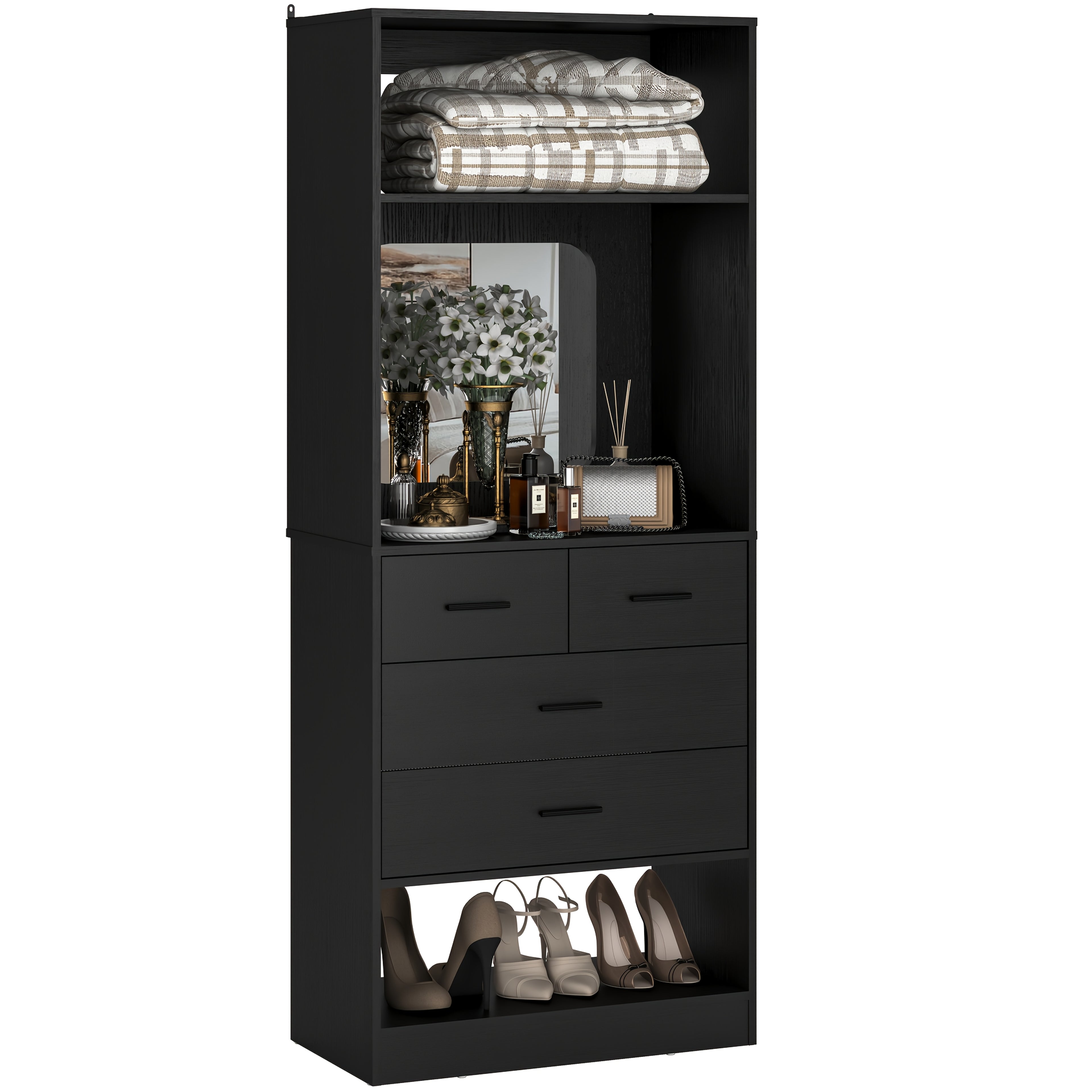Unikito 25-Inch Wardrobe System Featuring Four Drawers, a 2-Foot Wooden Closet Organizer with Storage Shelves And a Mirror Design, a Robust Freestanding Walk-In Closet Tower for The Bedroom, Measuring 25\