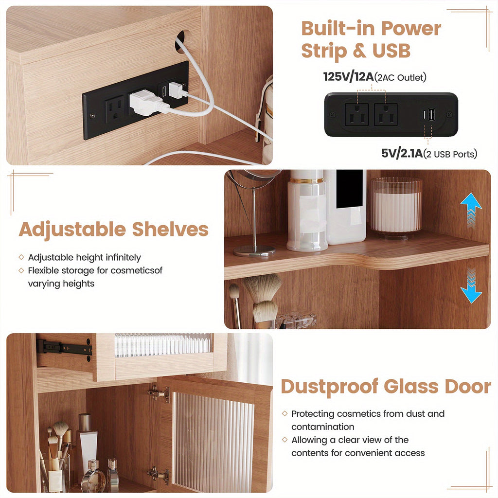 Makeup Vanity Desk with Mirror & LED Lights | USB Charging Station, 2 Drawers & Storage Shelves