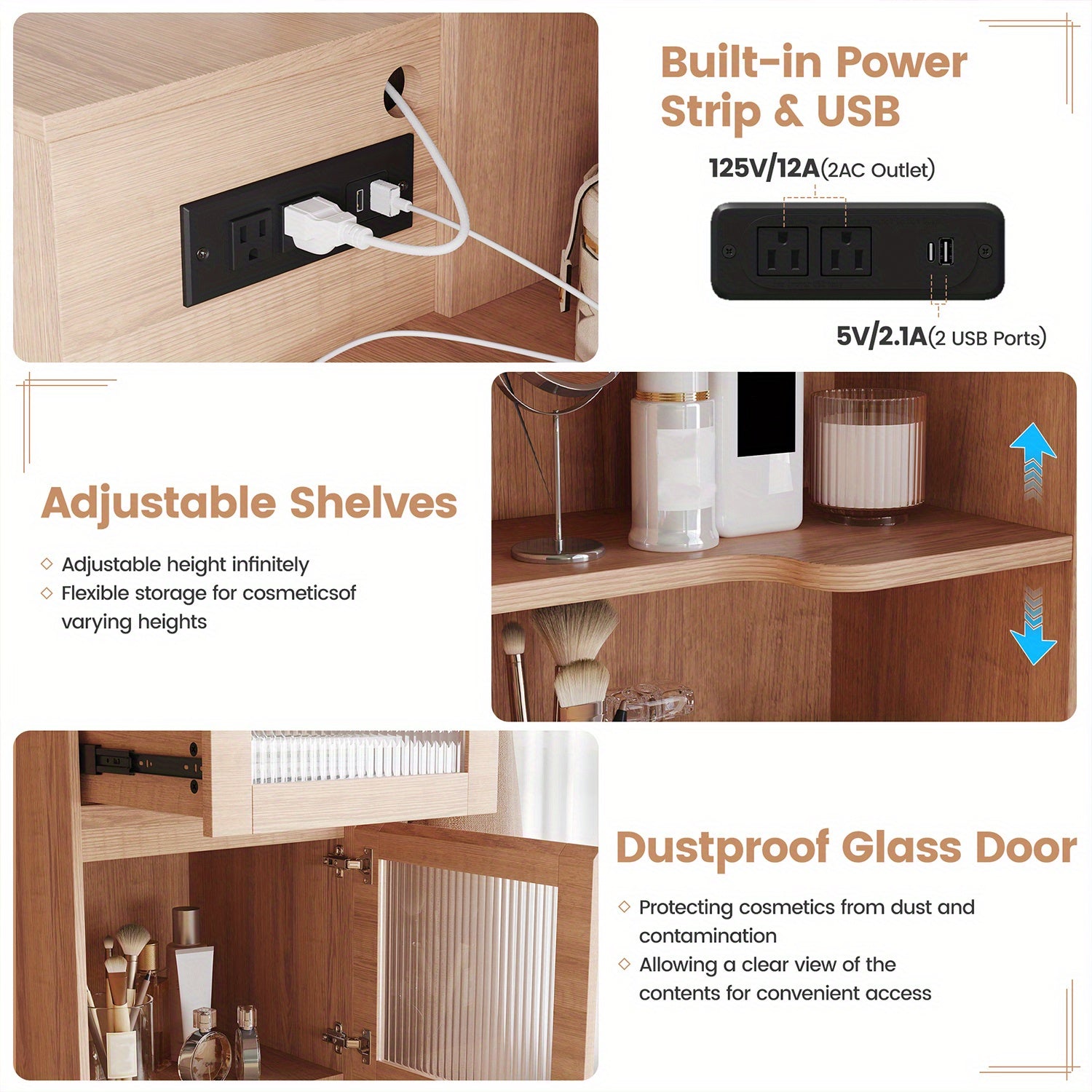 Makeup Vanity Desk with Mirror & LED Lights | USB Charging Station, 2 Drawers & Storage Shelves