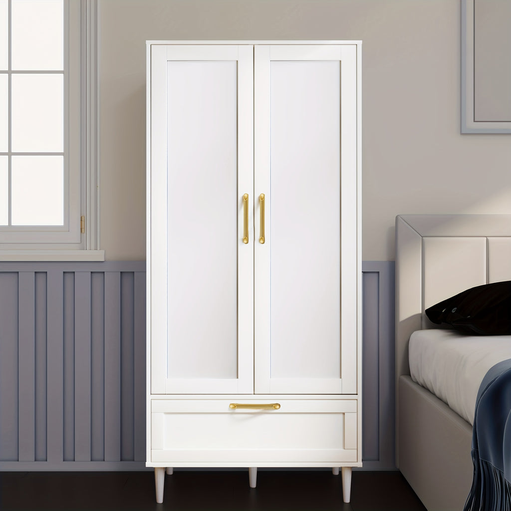 Modern Freestanding Wardrobe With Drawers, Double Doors, 60-Inch Large Capacity Storage Cabinet With Hanging Rod, Ideal For Bedroom Home Organization
