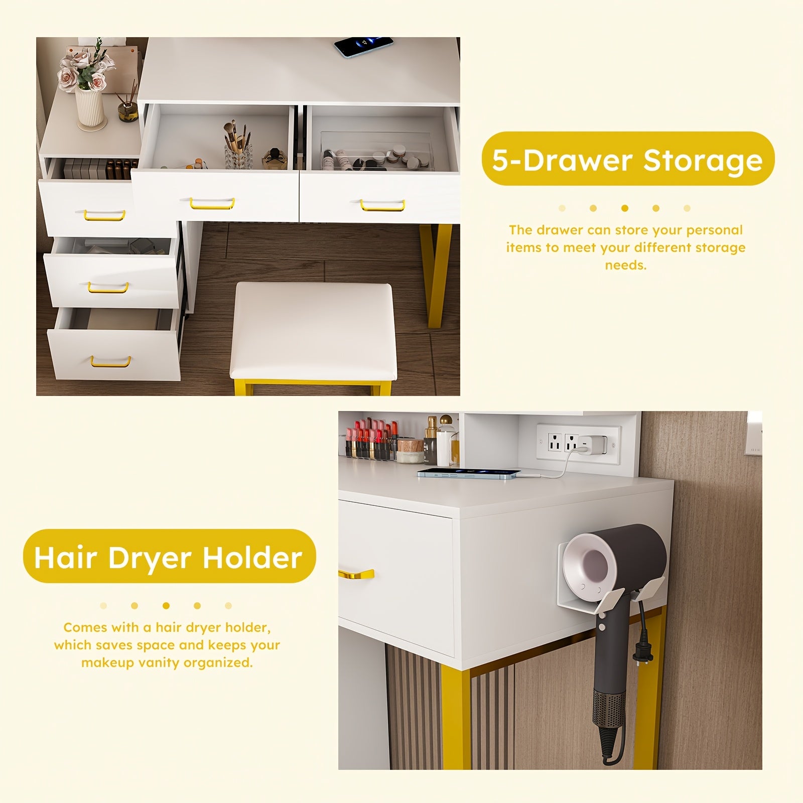 Montary Modern Dressing Table with Mirror And Light, Dressing Table with 5 Storage Drawers And Shelves, Dressing Table Set with Adjustable 3 Mode Lighting And Hairdryer Holder, White And Golden