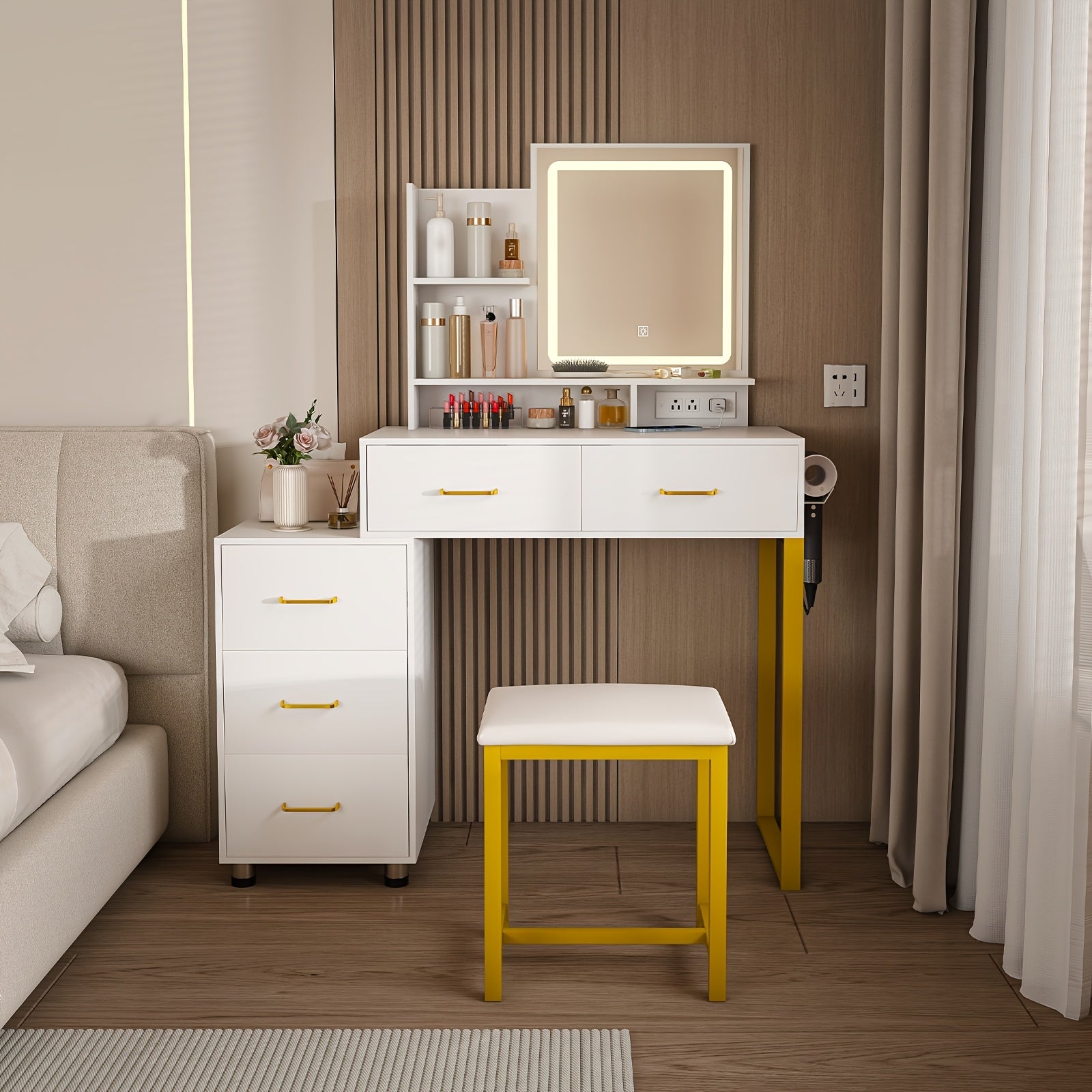 Montary Modern Dressing Table with Mirror And Light, Dressing Table with 5 Storage Drawers And Shelves, Dressing Table Set with Adjustable 3 Mode Lighting And Hairdryer Holder, White And Golden