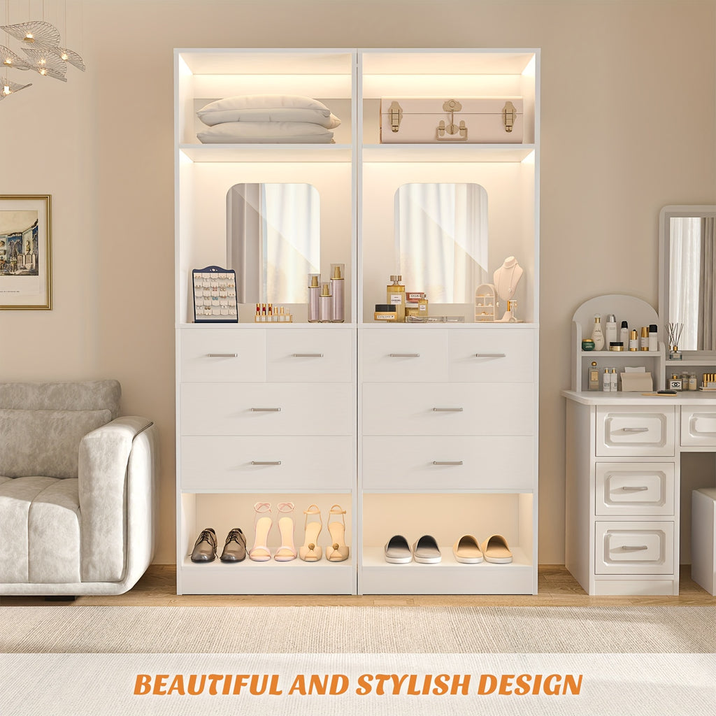 Unikito 25-Inch Wardrobe System Featuring Four Drawers, a 2-Foot Wooden Closet Organizer with Storage Shelves And a Mirror Design, a Robust Freestanding Walk-In Closet Tower for The Bedroom, Measuring 25\