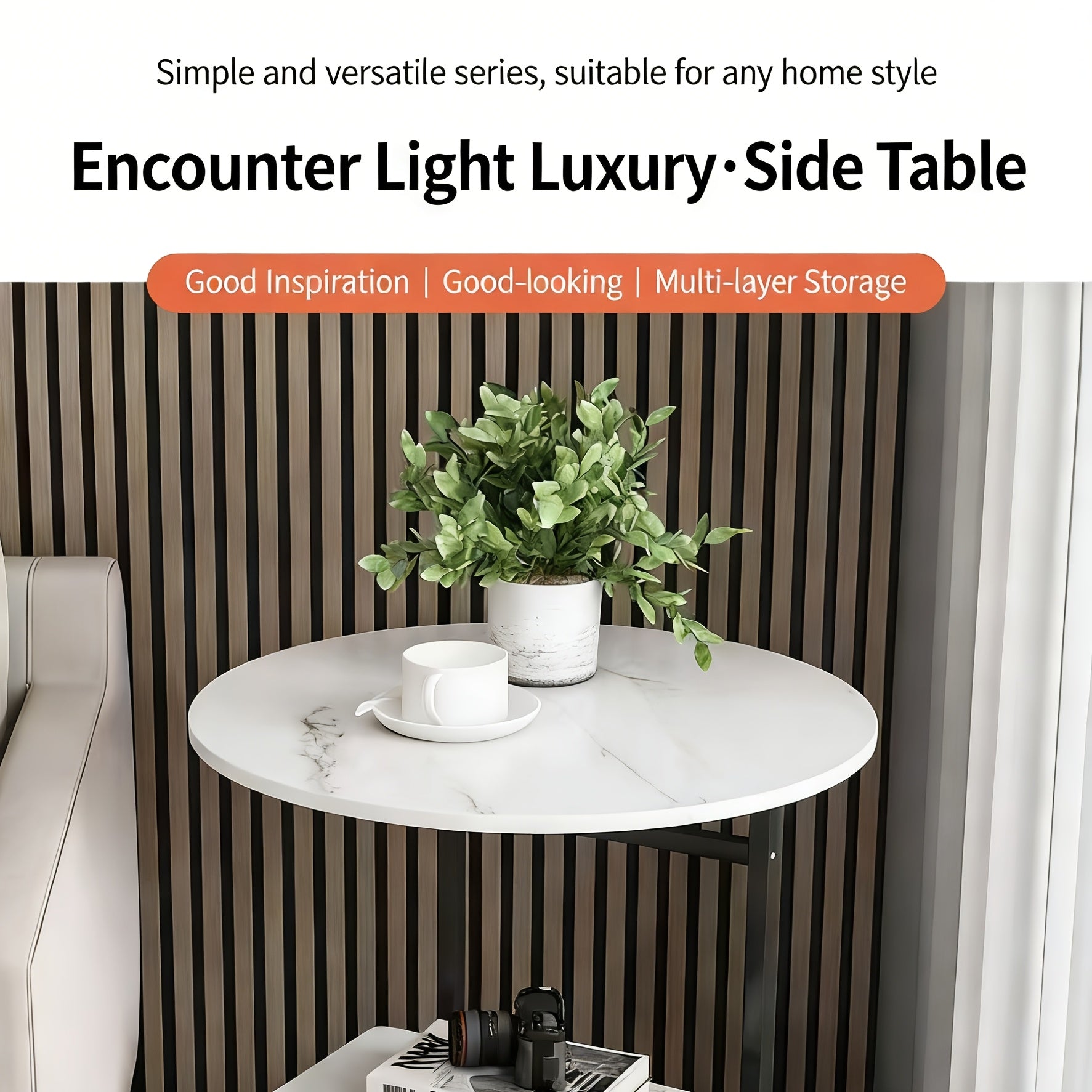 Contemporary Circular Bedside Table Featuring a Storage Shelf, with a White Marble Surface And a Black Metal Structure, Measuring 15.7 Inches in Diameter