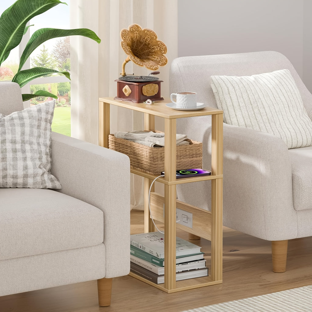 3-Tier Small Narrow Wood Side Table With Charging Station, Skinny Nightstand For Small Space, Slim Bedside Table With Storage For Couch, Thin End Table With USB Ports And Outlets, Rustic Brown