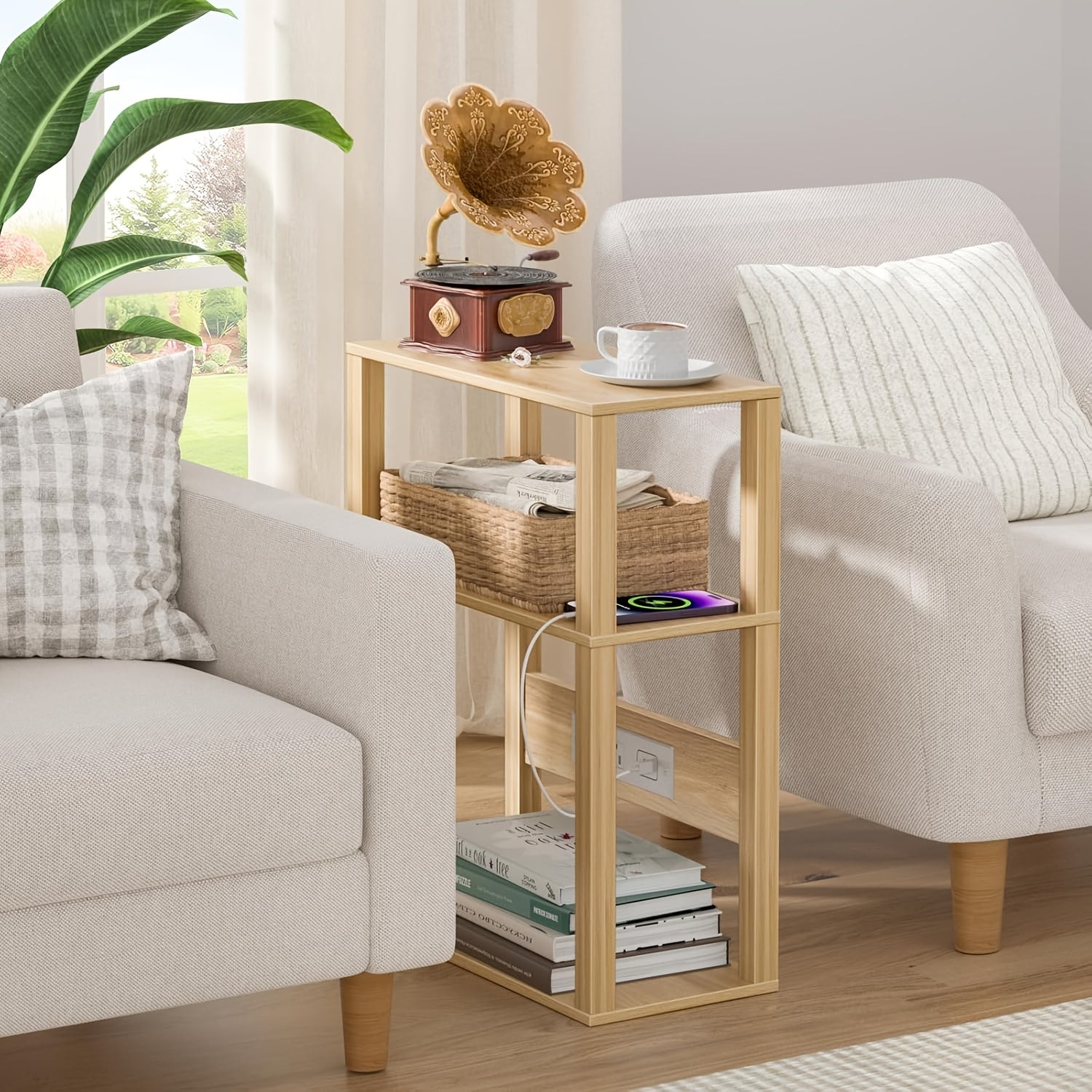 3-Tier Small Narrow Wood Side Table With Charging Station, Skinny Nightstand For Small Space, Slim Bedside Table With Storage For Couch, Thin End Table With USB Ports And Outlets, Rustic Brown