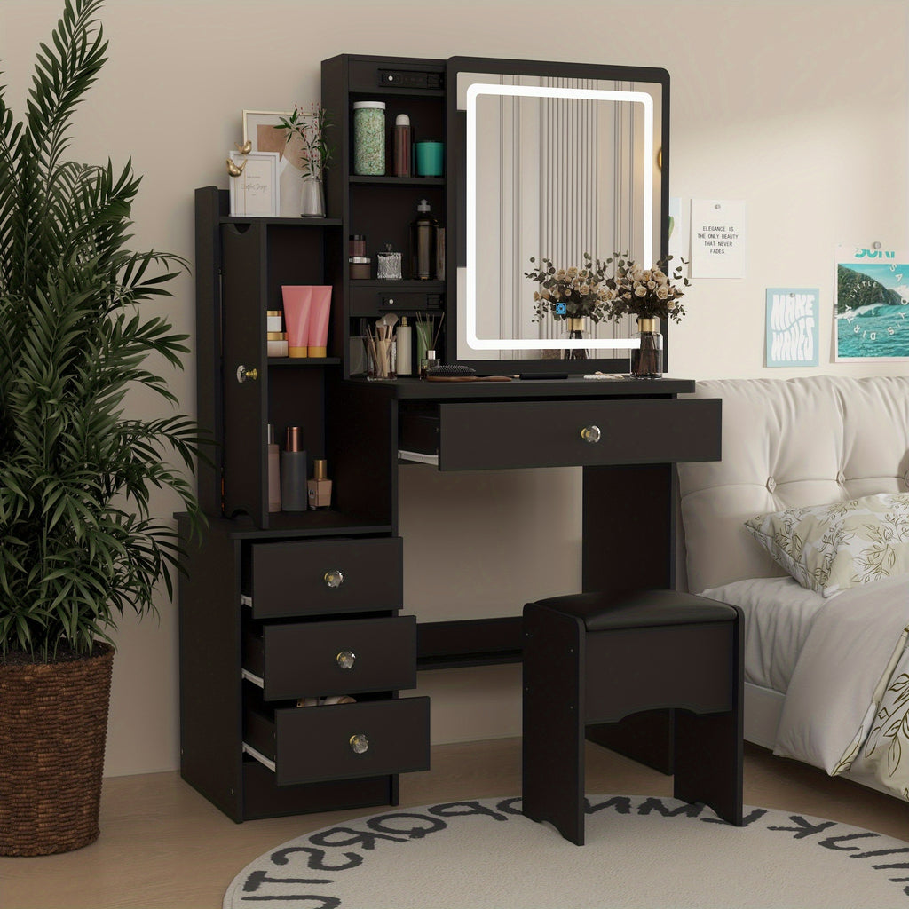 Modern Makeup Vanity Set with Mirror, 4 Drawers & Stool | Spacious Dressing Table with Hidden Storage Shelves, 52.4\