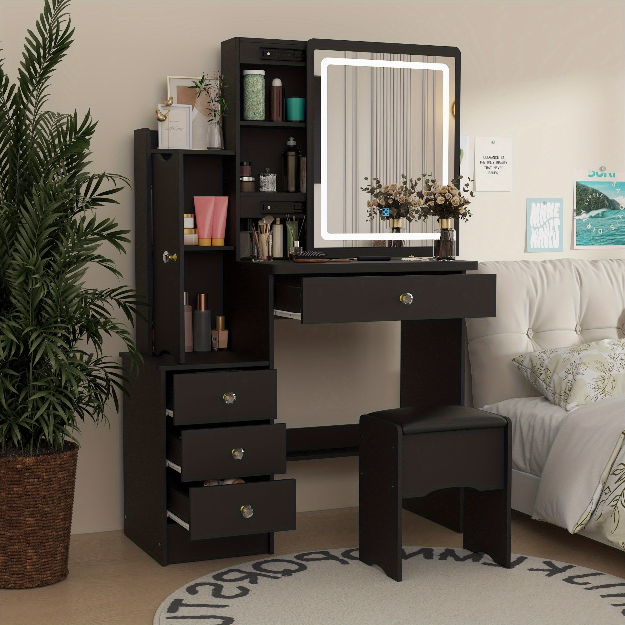 Modern Makeup Vanity Set with Mirror, 4 Drawers & Stool | Spacious Dressing Table with Hidden Storage Shelves, 52.4\