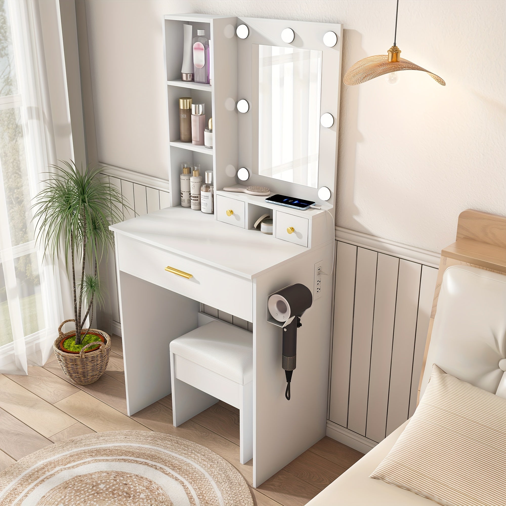 Vanity Table with Mirror & Adjustable LED Lights, Power Outlet, Hairdryer Holder & Stool -Compact Dressing Desk for Small Bedrooms(White\u002FBlack\u002FVintage), Black Vanity Desk with Mirror And Lights, Mini Vanity, Dressing Mirror with Storage
