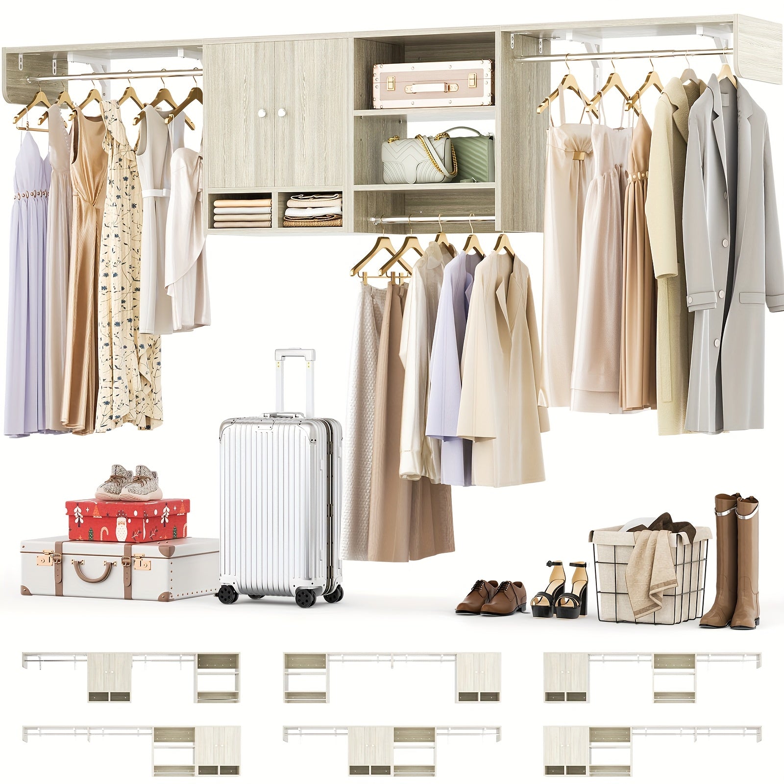 Unikito Wood Closet System with 3 Hanging Rods, 5-10ft Closet Organizer System with Wooden Cabinet & Cube Storage Organizer, Up to 118\