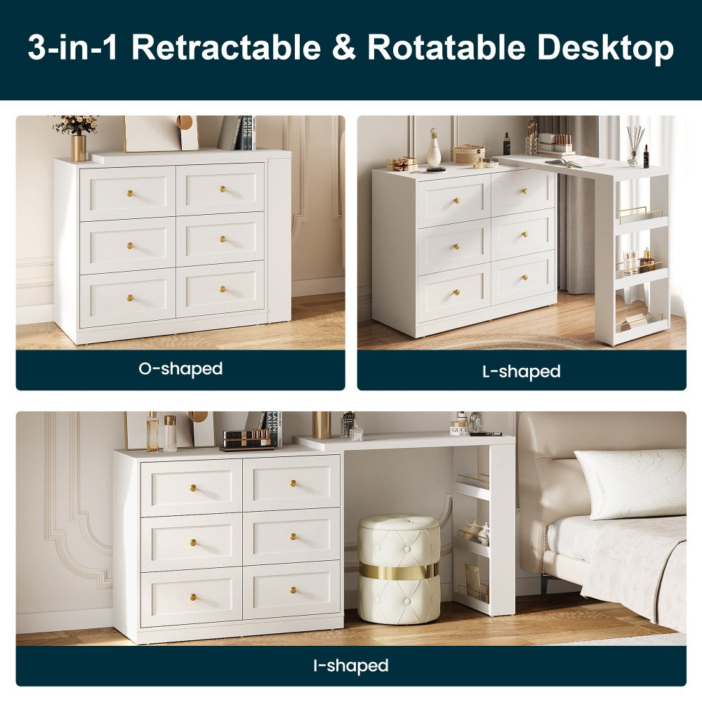 Royalcraft 6-Drawer Expandable Corner Vanity Table And Dresser Set with 3 Side Shelves, Makeup Vanity Desk, Wooden Dressing Table for Bedroom And Dressing Room