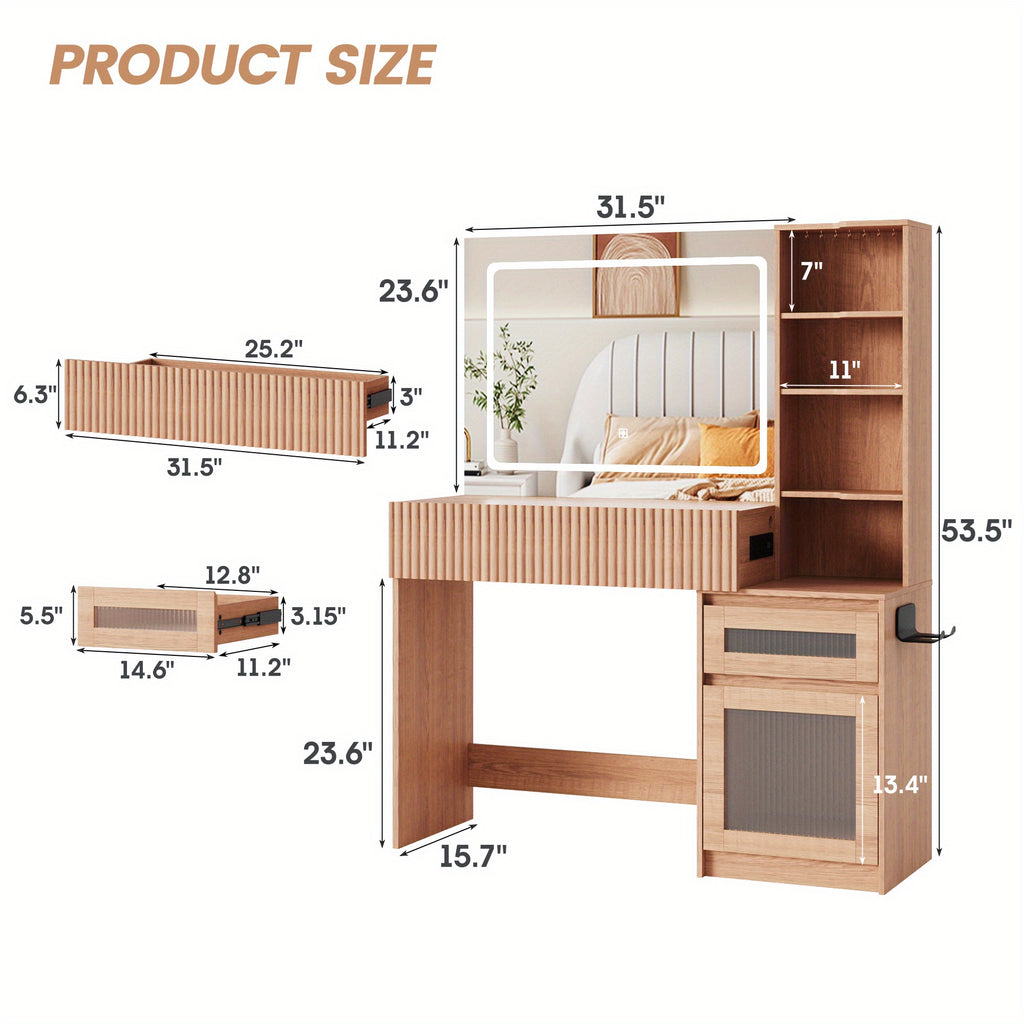 Makeup Vanity Desk with Mirror & LED Lights | USB Charging Station, 2 Drawers & Storage Shelves