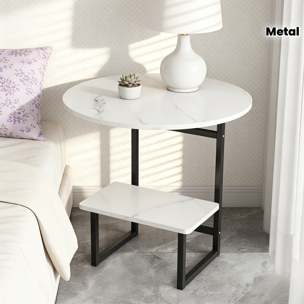 Contemporary Circular Bedside Table Featuring a Storage Shelf, with a White Marble Surface And a Black Metal Structure, Measuring 15.7 Inches in Diameter