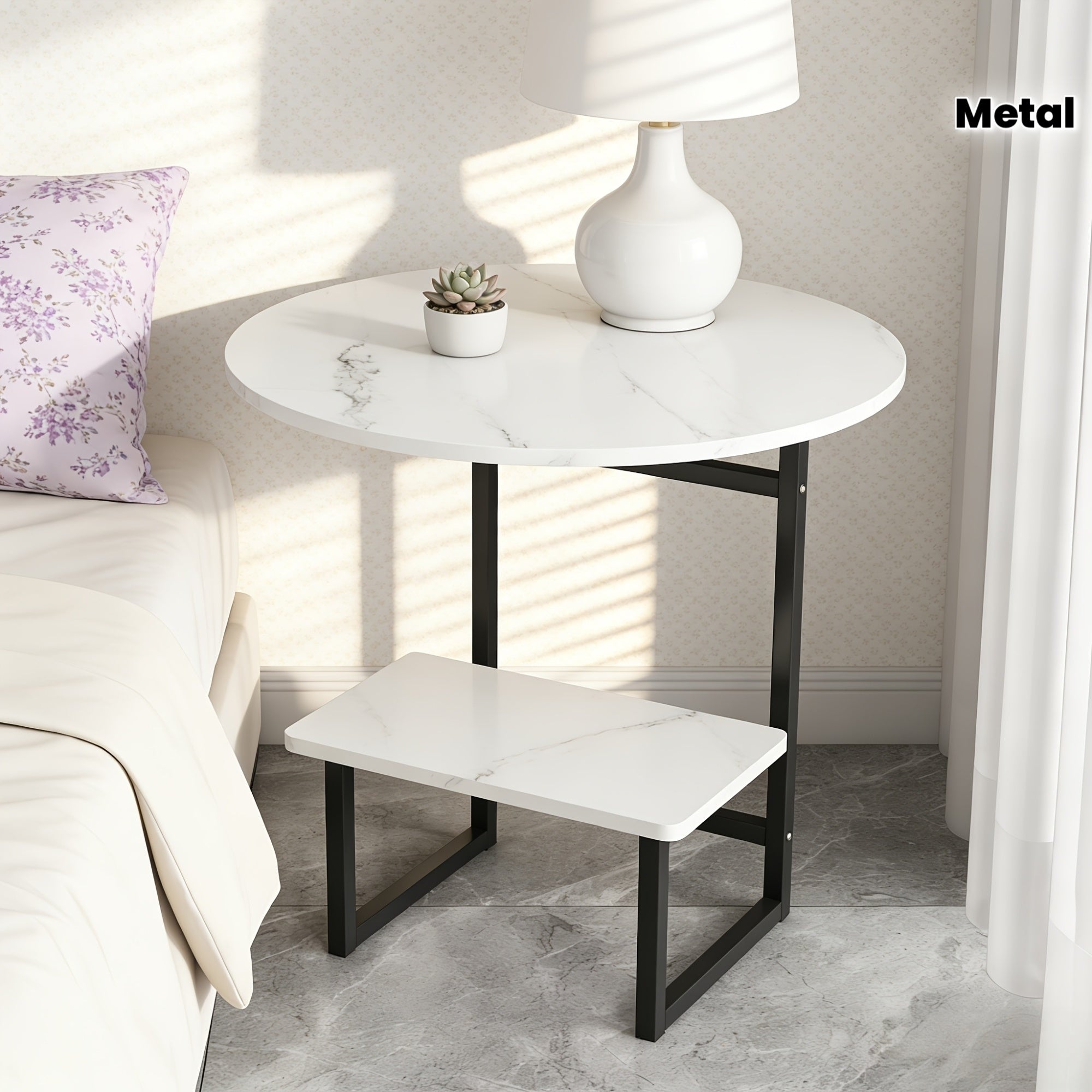 Contemporary Circular Bedside Table Featuring a Storage Shelf, with a White Marble Surface And a Black Metal Structure, Measuring 15.7 Inches in Diameter