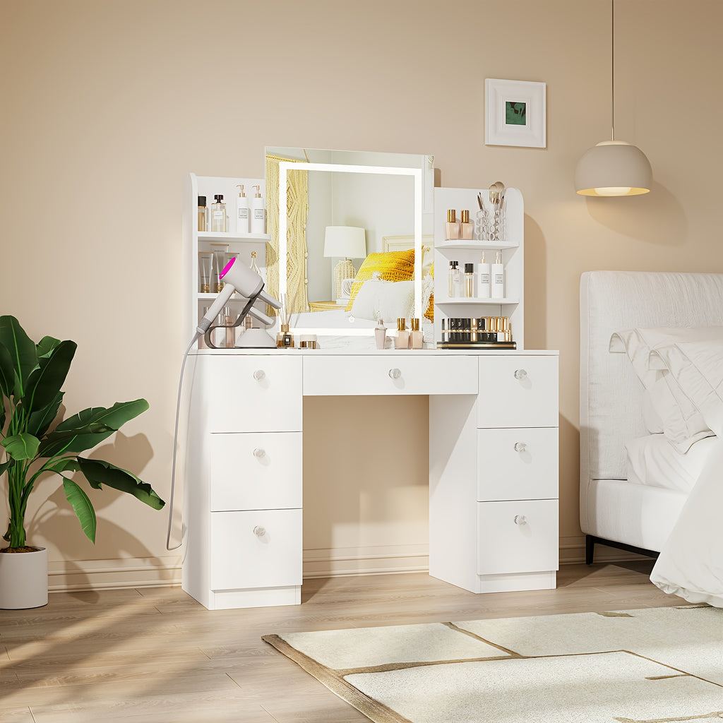 Glass Top Makeup Vanity with Large Lighted Mirror And Charging Station, 3 Lighting Modes And Adjustable Brightness, Vanity Table with 7 Drawers And 6 Open Shelves, White, Black