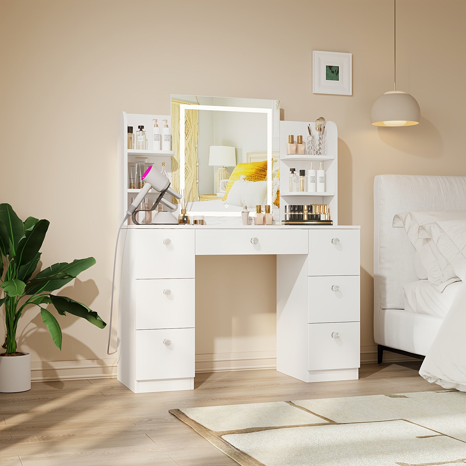 Glass Top Makeup Vanity with Large Lighted Mirror And Charging Station, 3 Lighting Modes And Adjustable Brightness, Vanity Table with 7 Drawers And 6 Open Shelves, White, Black