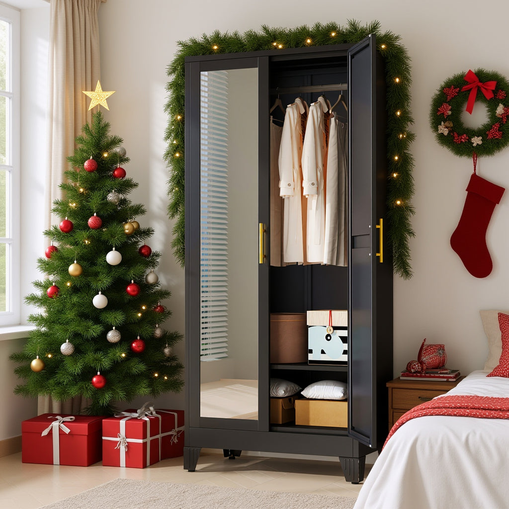 70.86-Inch Tall Mirror Wardrobe Featuring Adjustable Shelves And Storage Cabinets for Hanging Clothes, Ideal for Bedrooms, Laundry Areas, And Entryways.