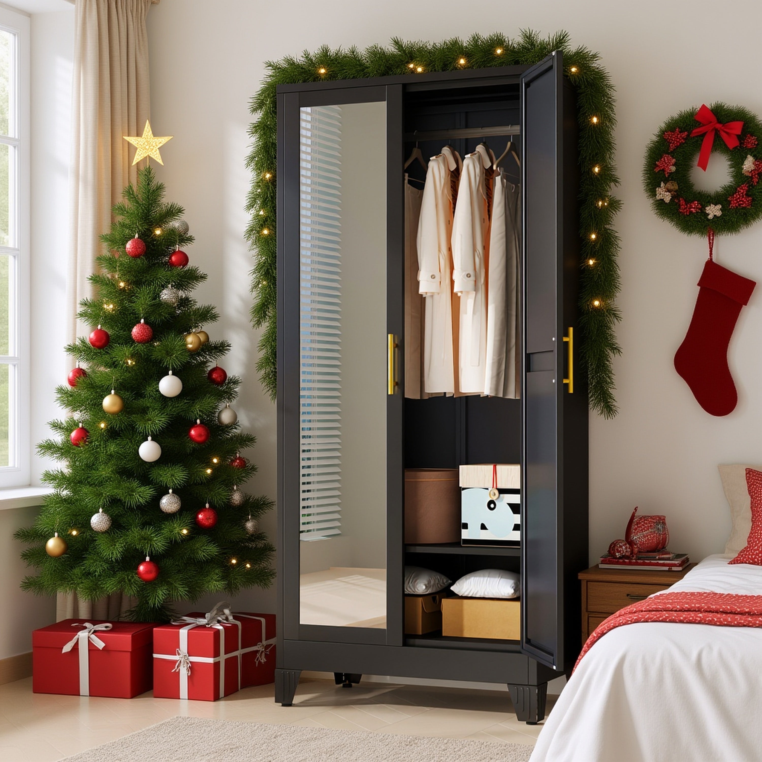 70.86-Inch Tall Mirror Wardrobe Featuring Adjustable Shelves And Storage Cabinets for Hanging Clothes, Ideal for Bedrooms, Laundry Areas, And Entryways.