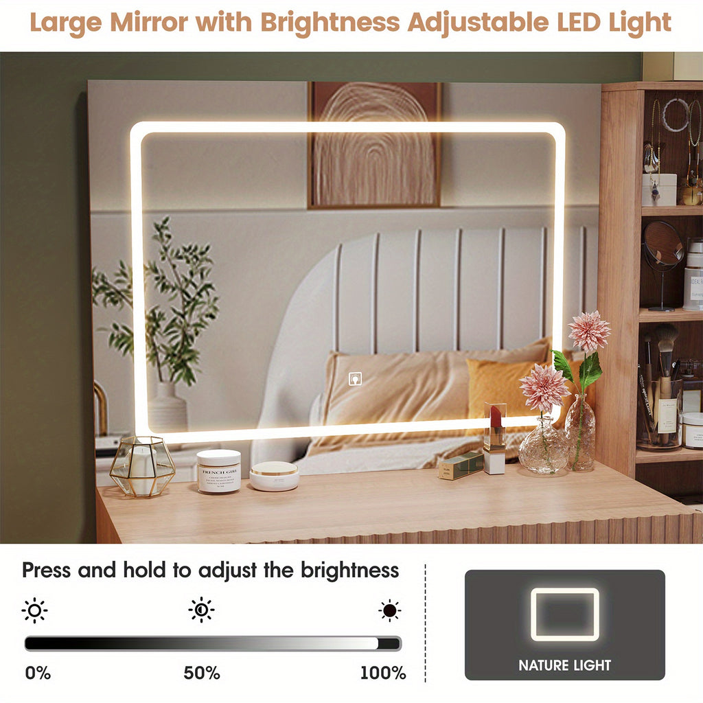 Makeup Vanity Desk with Mirror & LED Lights | USB Charging Station, 2 Drawers & Storage Shelves