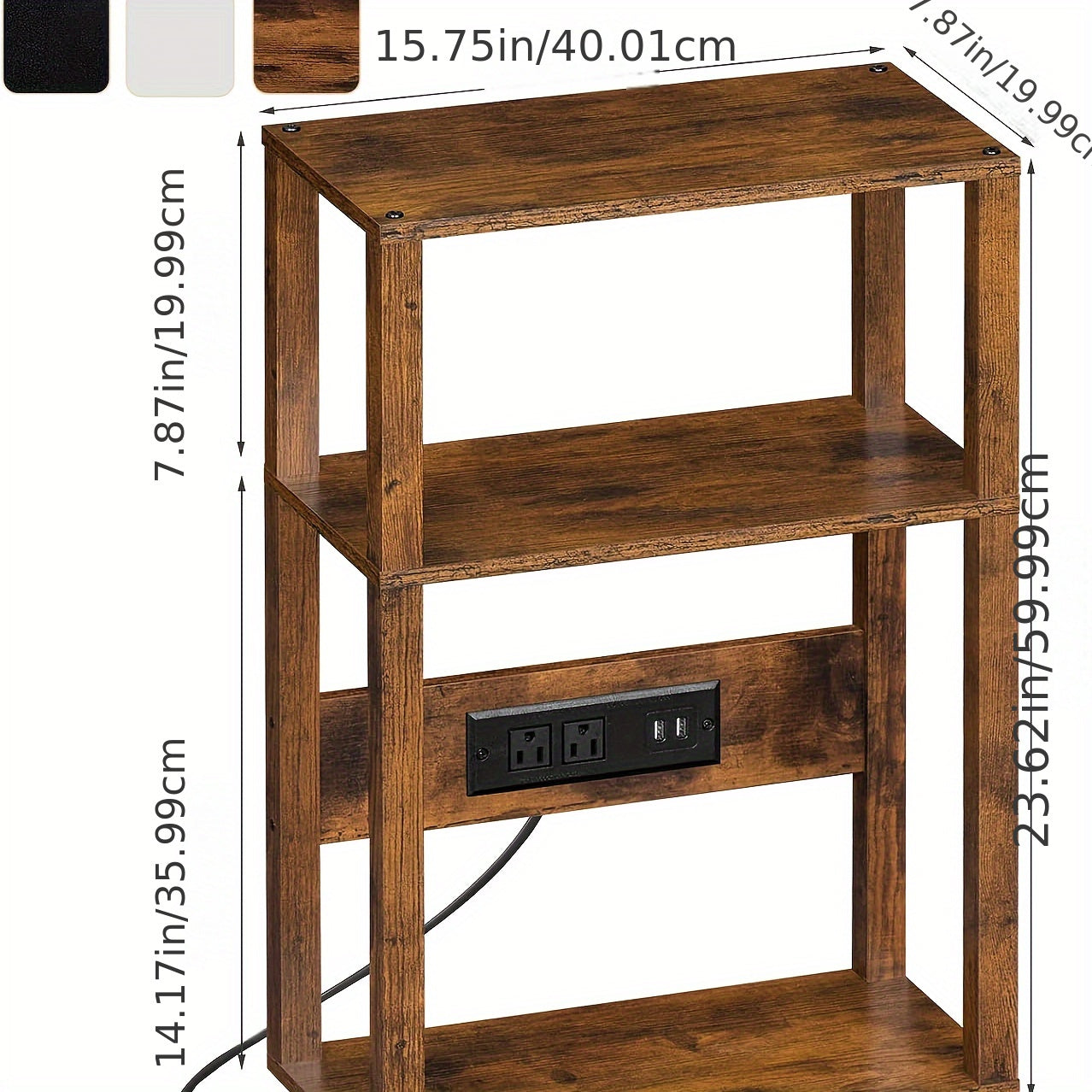 3-Tier Small Narrow Wood Side Table With Charging Station, Skinny Nightstand For Small Space, Slim Bedside Table With Storage For Couch, Thin End Table With USB Ports And Outlets, Rustic Brown