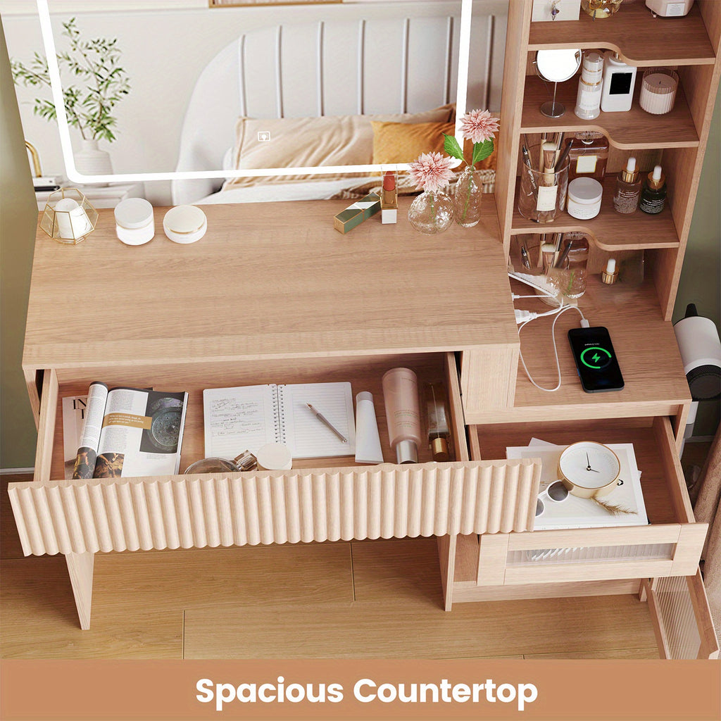 Makeup Vanity Desk with Mirror & LED Lights | USB Charging Station, 2 Drawers & Storage Shelves