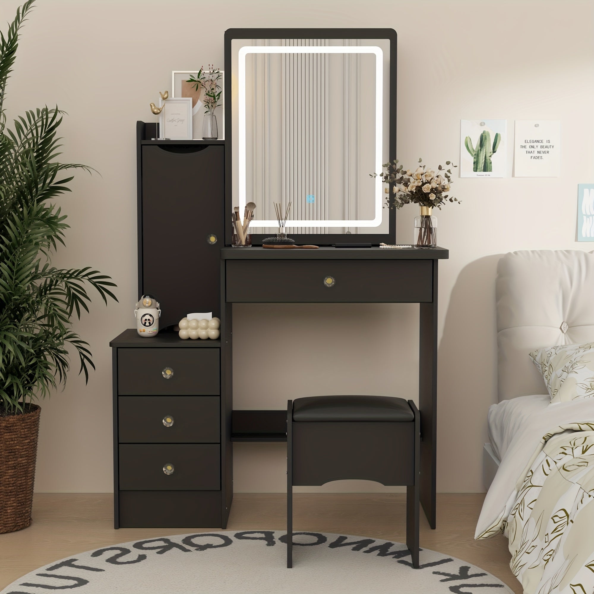 Modern Makeup Vanity Set with Mirror, 4 Drawers & Stool | Spacious Dressing Table with Hidden Storage Shelves, 52.4\