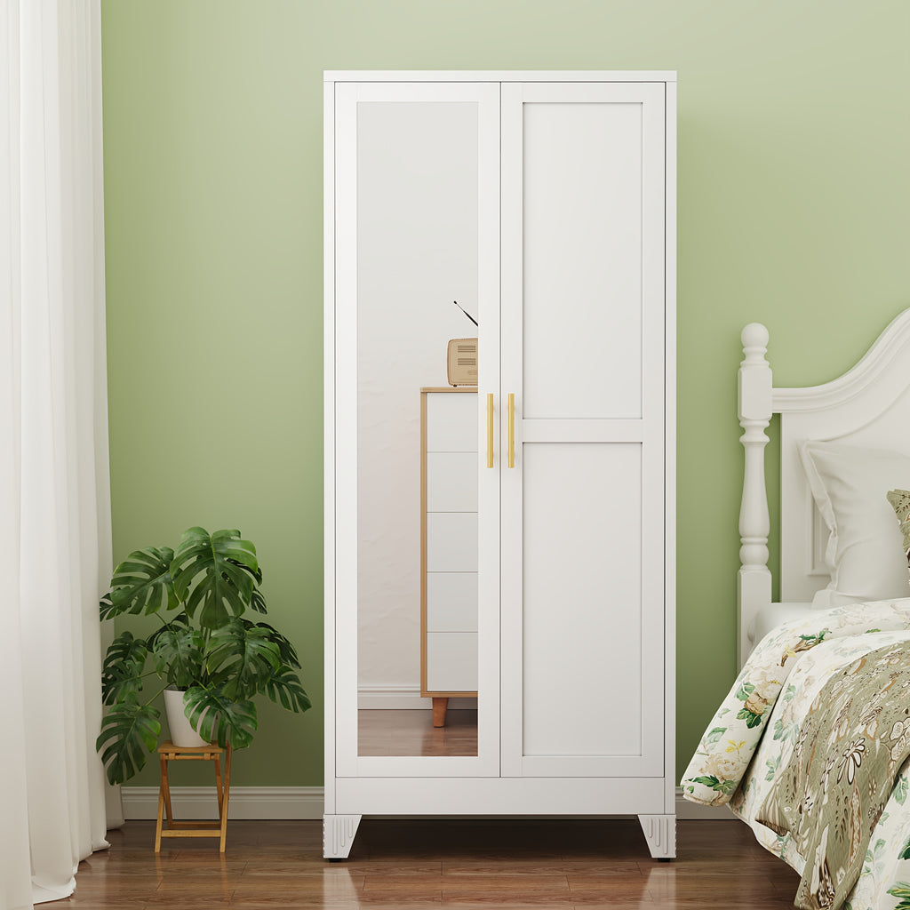 70.86-Inch Tall Mirror Wardrobe Featuring Adjustable Shelves And Storage Cabinets for Hanging Clothes, Ideal for Bedrooms, Laundry Areas, And Entryways.