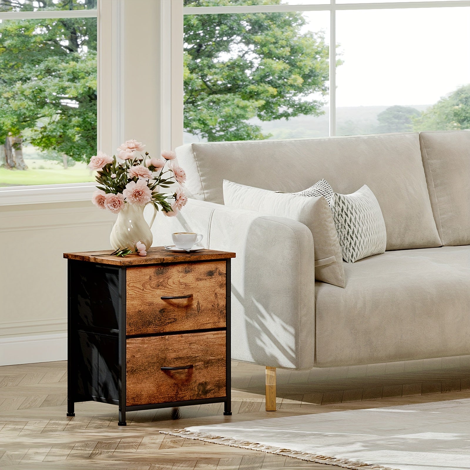 EUNOS Nightstand, Small Dresser For Bedroom With 2 Drawers, Bedside Table Night Stand End Table With Fabric Bins For Bedroom Closet Dorm Guest Room